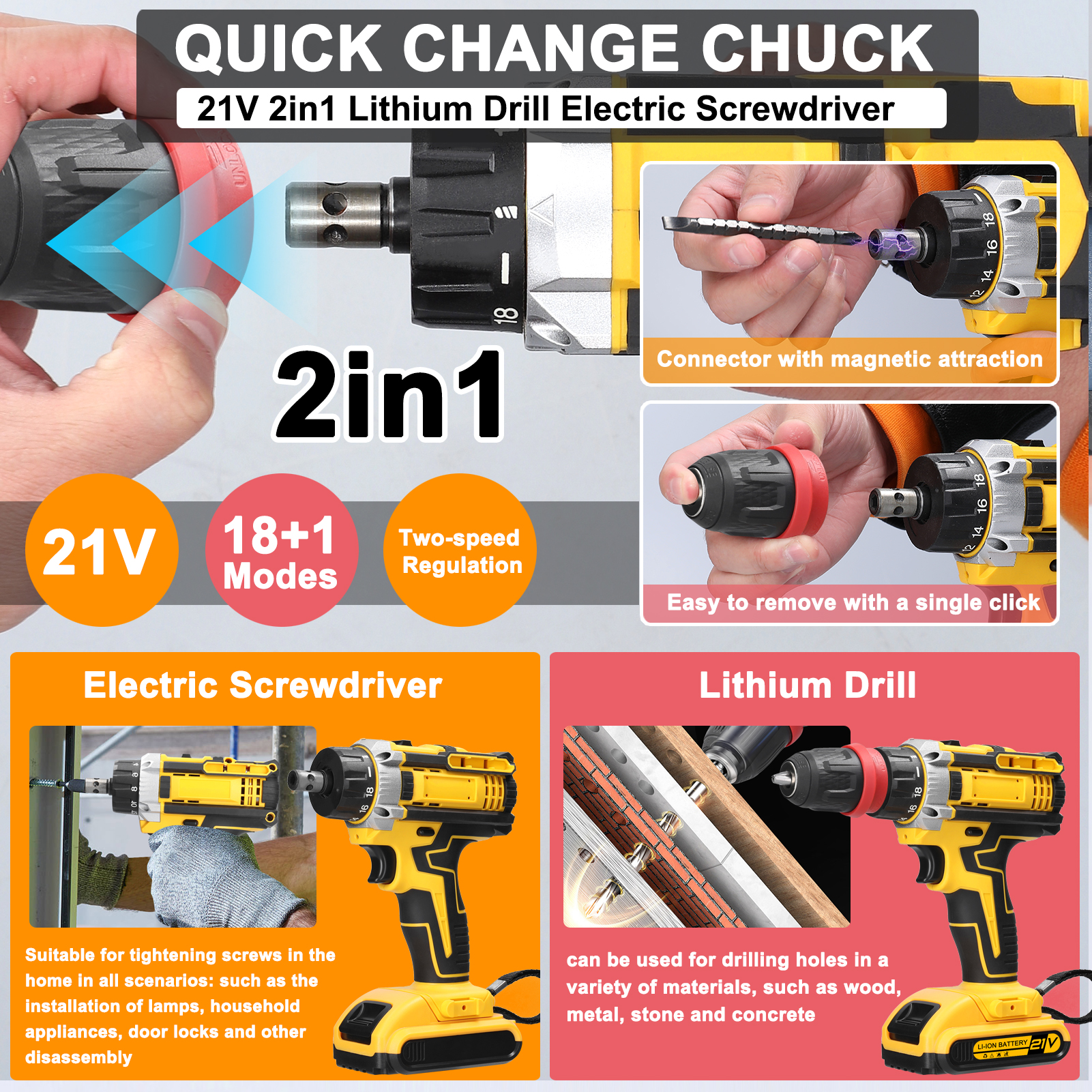 21v Lithium-multifunktions-elektrobohrschrauber, Drehmomentstarker Bürstenmotor, Ideal Für Die Installation Von Haushaltsgeräten, Möbeln Und Die Reparatur Von Kfz-elektronik.