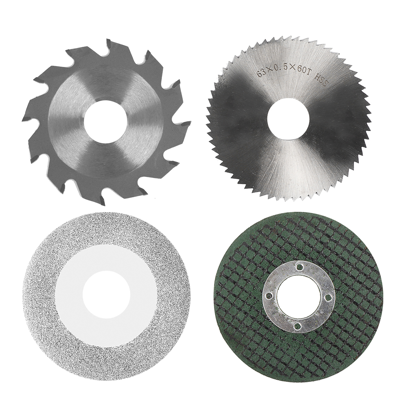 Set Mit 4 Kettensägeblättern, Bestehend Aus: Einem 63 Mm Durchmesser Harzblatt, Einem 60 Mm Durchmesser Schmirgelblatt, Einem 63 Mm Durchmesser Schnellarbeitsstahlblatt Und Einem 63 Mm Durchmesser Leg