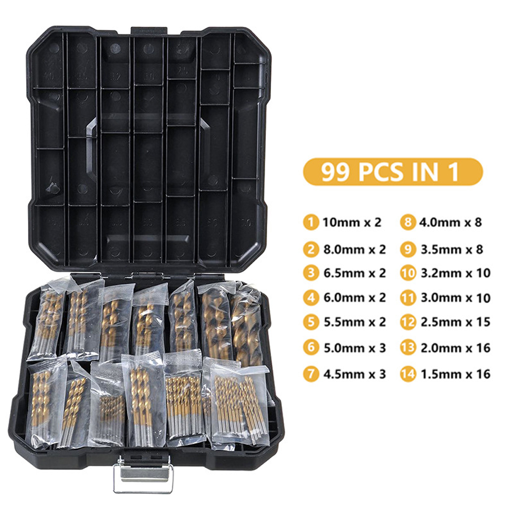 Set Mit 99 Spiralbohrern Mit Geradem Schaft Aus Titanbeschichtetem Schnellarbeitsstahl, Inklusive Aufbewahrungsbox.
