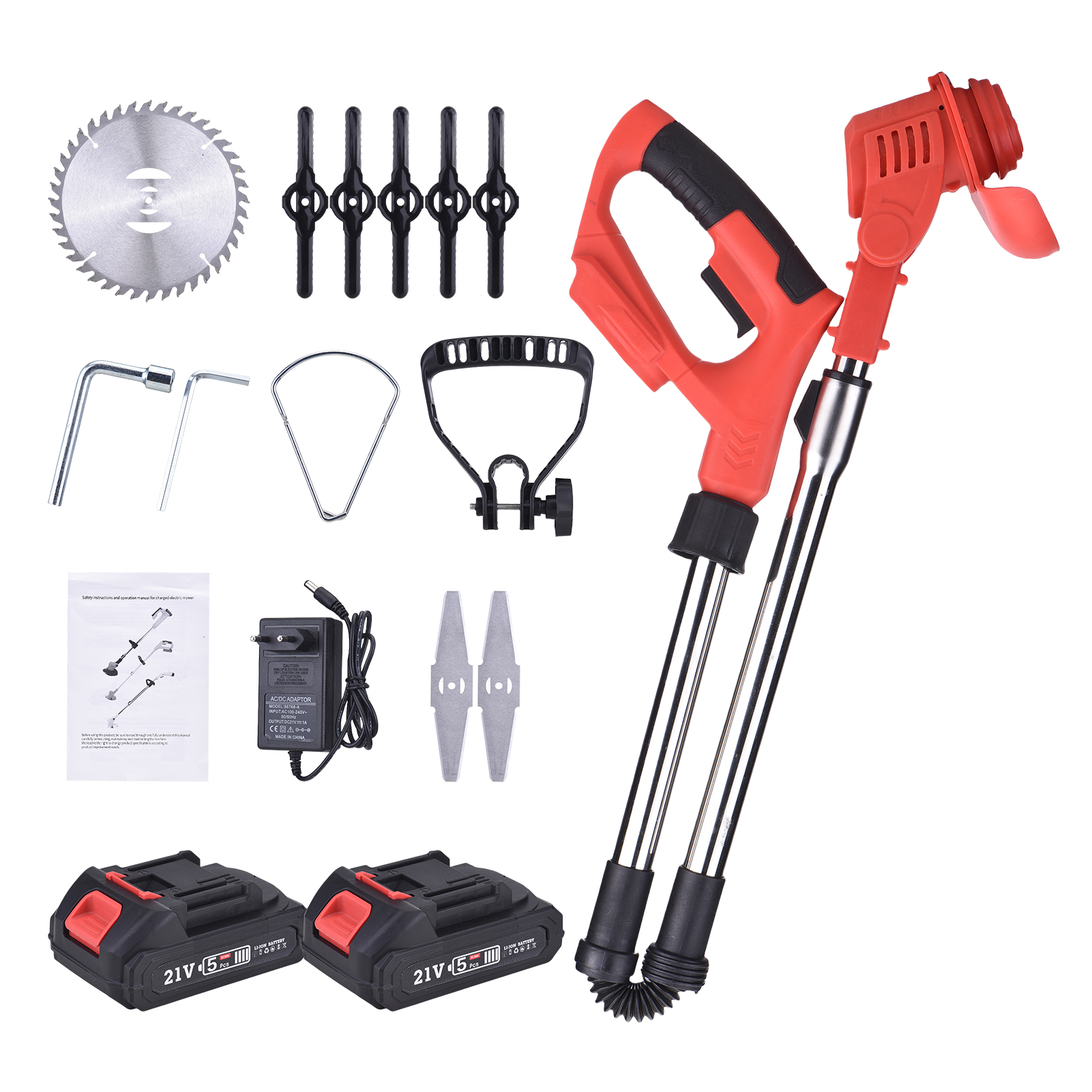 Akku-rasentrimmer Und Freischneider (21 V), Ausziehbar Und Zusammenklappbar, 1800 W Leistung, 18.000 U/min, 2 X 21-v-akkus Und Ladegerät, 8 Messer Für Rasen, Sträucher Und Äste, Eurostecker