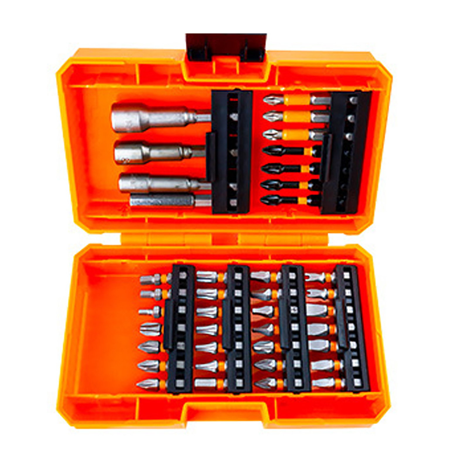 Set Mit 39 Schlagbohrern Und Schraubendreherbits Zum Schrauben Und Bohren In Holz, Metall Und Beton, Inklusive Aufbewahrungskoffer.