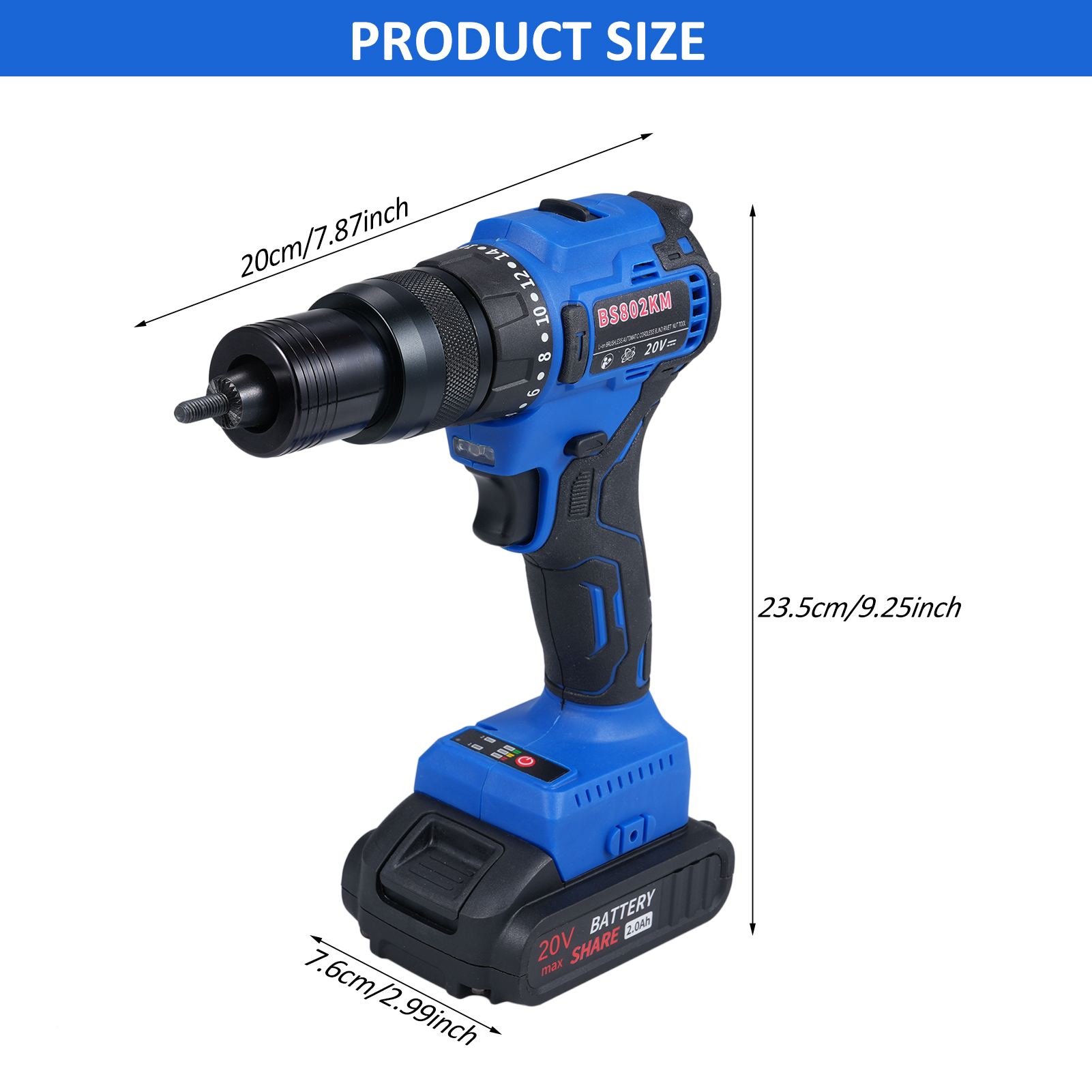 20v Akku-nietmaschine Mit 2,0ah Akku, 2-in-1 Elektrisches Nietset Mit Memory-modus Und Bürstenlosem Motor, Automatisches Nietwerkzeug Für Blindnieten (m3-m10)