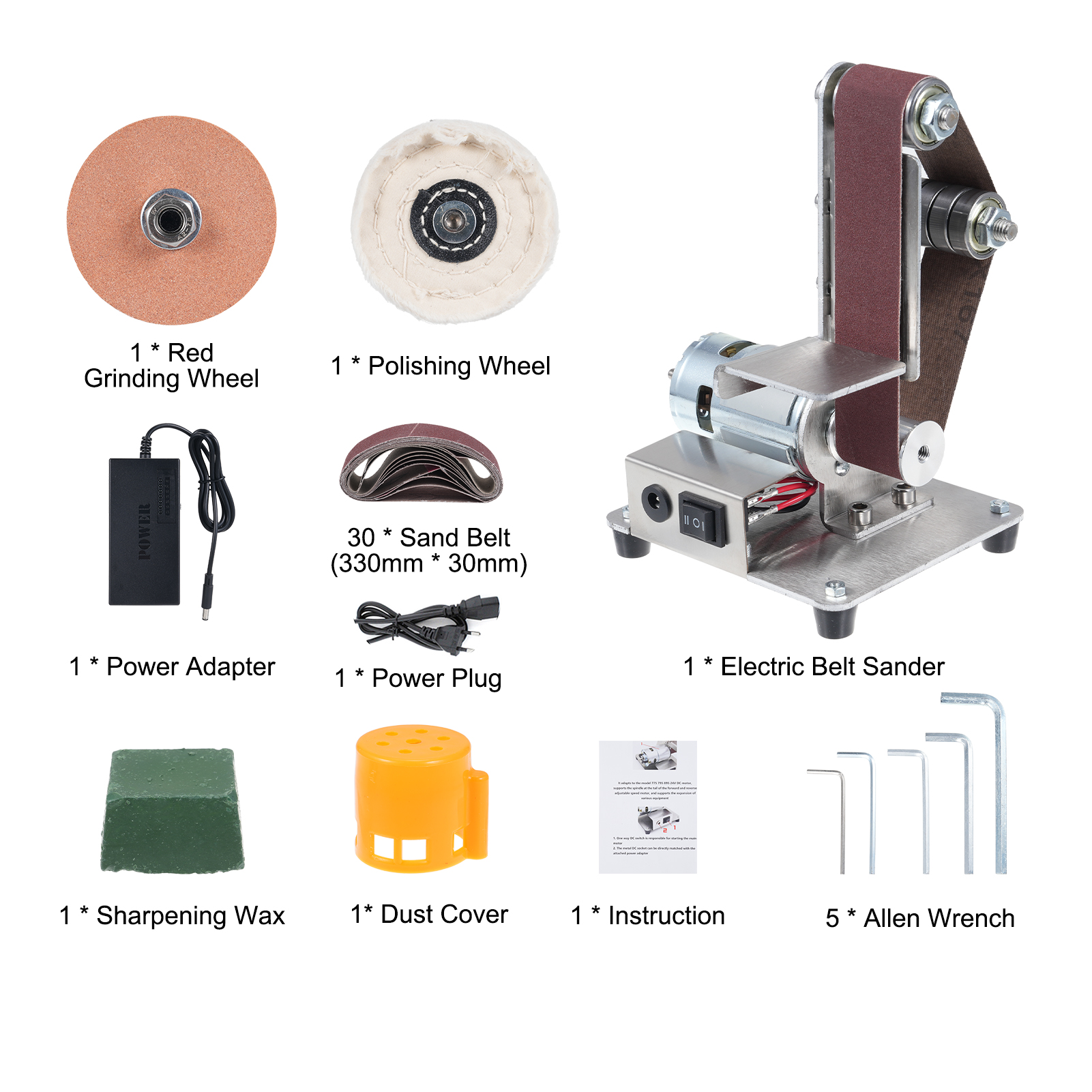 Multifunktionale Elektrische Bandschleifmaschine Mit 7 Geschwindigkeiten, Mini-schleif-, Polier- Und Poliermaschine, Mit 10 Schleifbändern 30 X 330 Mm, 1 Roter Schleifscheibe, 1 Polierscheibe Und 1 Sc