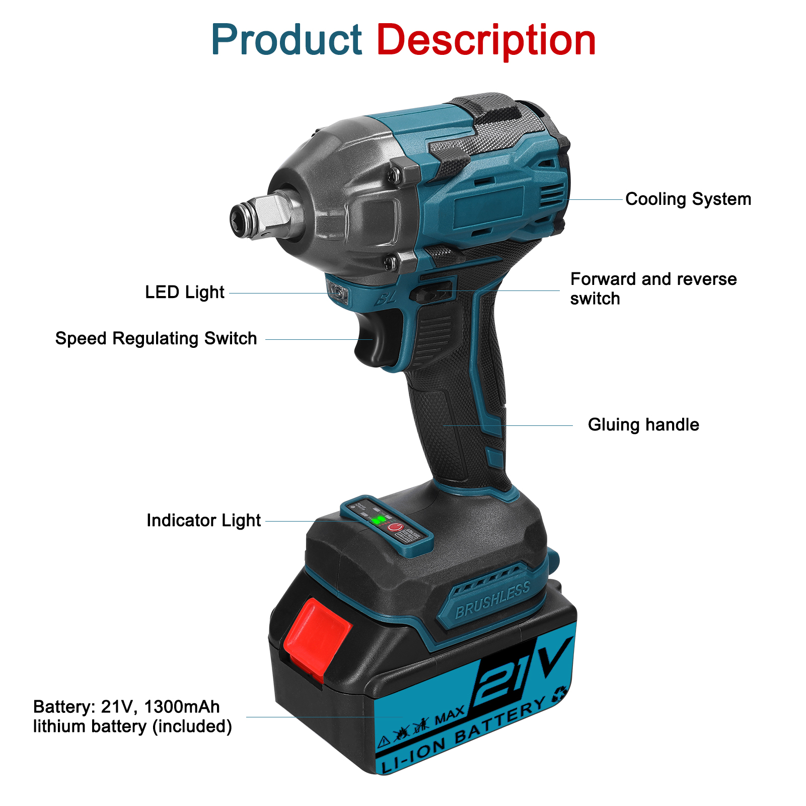 Elektrischer 21v-schraubenschlüssel Für Den Heimgebrauch, Bürstenloser Motor, Leistungsstarkes Werkzeug Mit Hohem Drehmoment, Praktisches Installationsgerät Mit Umkehrbarer Drehrichtung Und Led-licht.