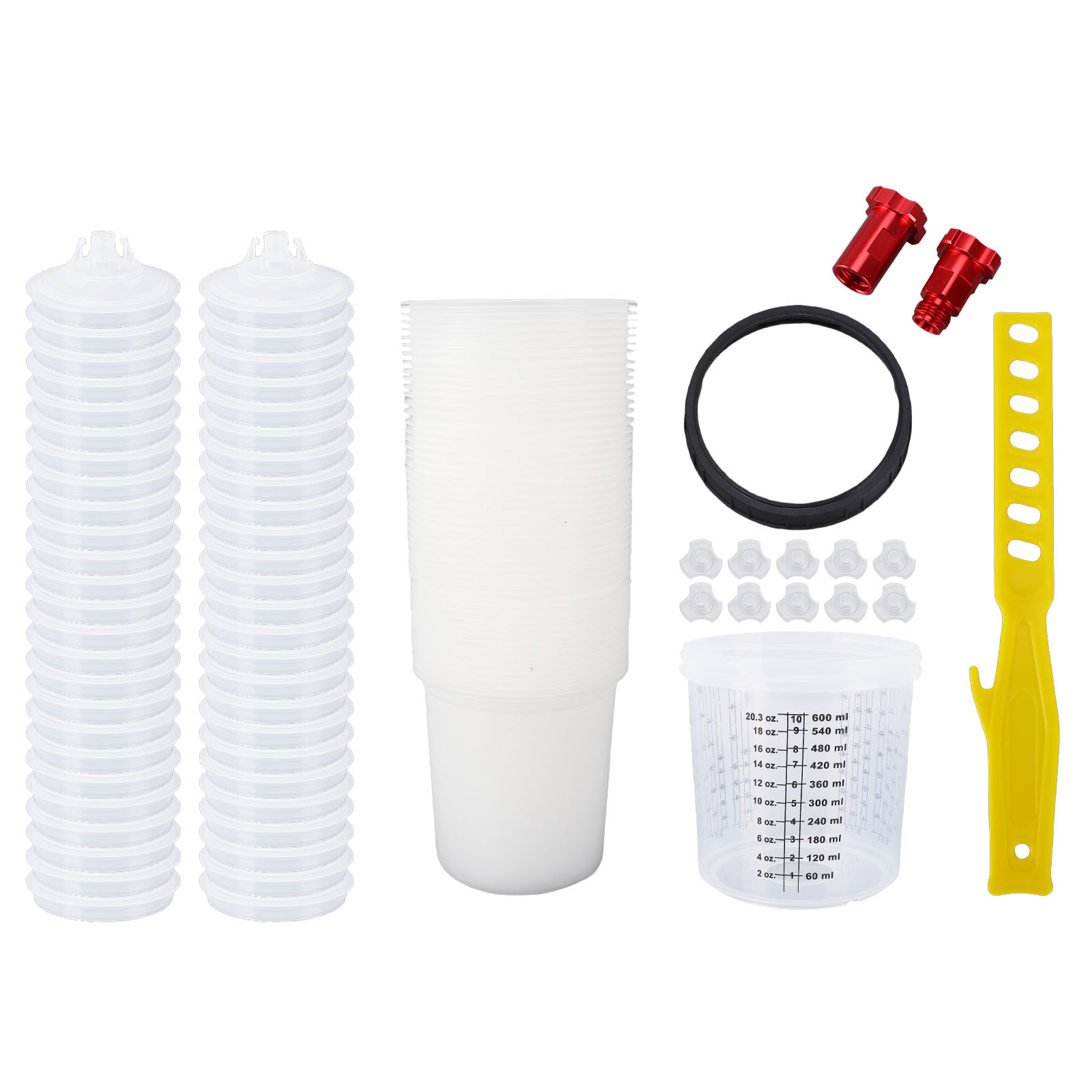 Einweg-farbspritzpistolen-einsatz- Und Deckelsystem: 50 580 Ml (20,3 Oz) Einsätze, 50 Deckel, 1 Starrer Becher, 1 Befestigungsring, 10 Kappen, 1 Mischstab, 2 Adapter.