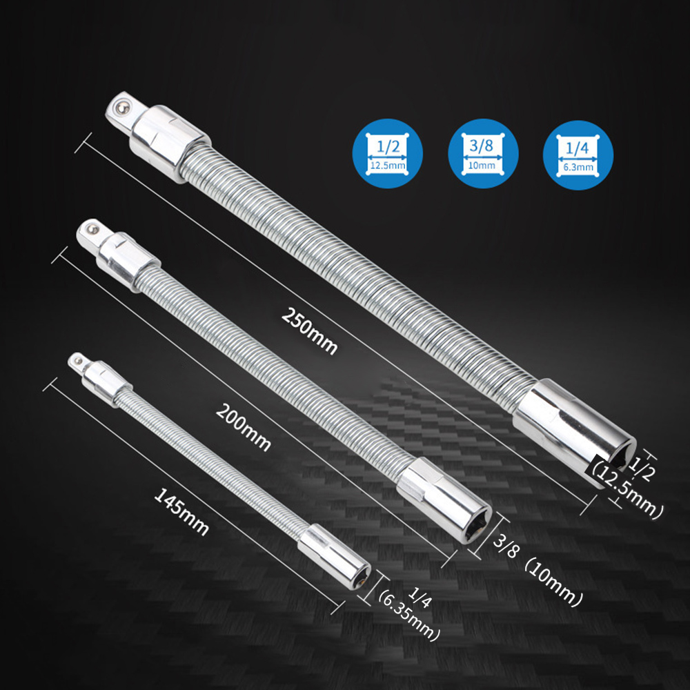 Set Aus 3 Flexiblen Verlängerungen Für 1/4-, 3/8- Und 1/2-zoll-steckschlüssel, Mit Taschenlampe Und Schlagschrauber.