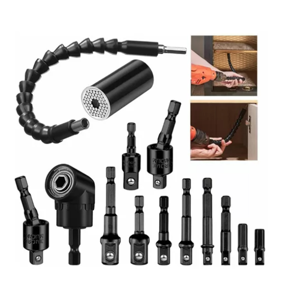 Set Aus 14 Flexiblen Bohrverlängerungen, Darunter Eine 105° Abgewinkelte Verlängerung, Ein Universal-steckschlüsseladapter Und Ein Steckschlüsselgriff.