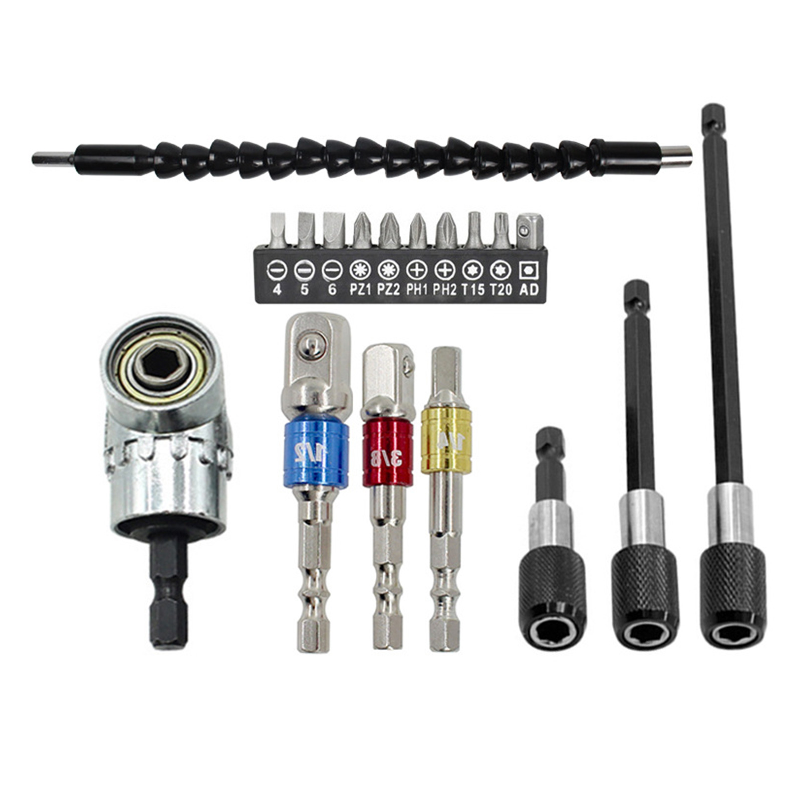 Set Mit 18 Flexiblen Bohrerverlängerungen: 105° Rechtwinkliger Bohradapter, Drehgelenk-stecknuss, 1/4", 3/8" Und 1/2" Sechskant-stecknussadapter, Flexible Bohrerverlängerung, Schraubendreher.