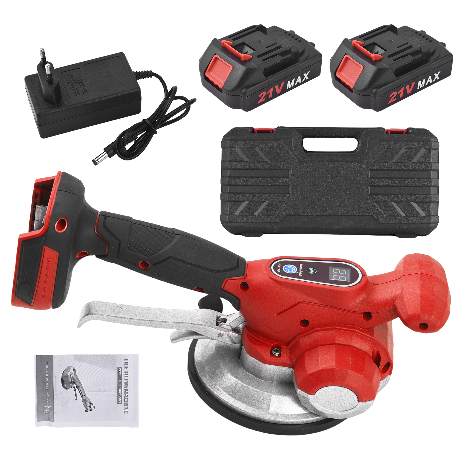 Vibrations-fliesenverlegemaschine, 21v Max Akku, Fliesenverlegewerkzeug Mit 6 Einstellbaren Geschwindigkeiten, Große Tragfähigkeit, Vergrößerter Saugnapf, Eu-stecker, Rot.