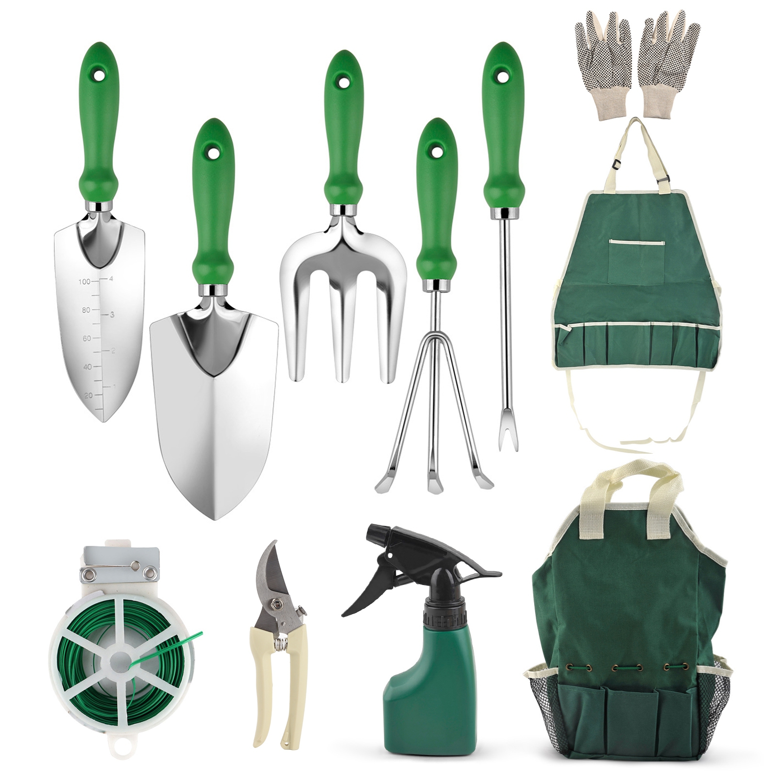 Robustes Gartengeräte-set Für Den Außenbereich Mit Ergonomischem Griff, Bestehend Aus 11 Handgartengeräten Aus Edelstahl.