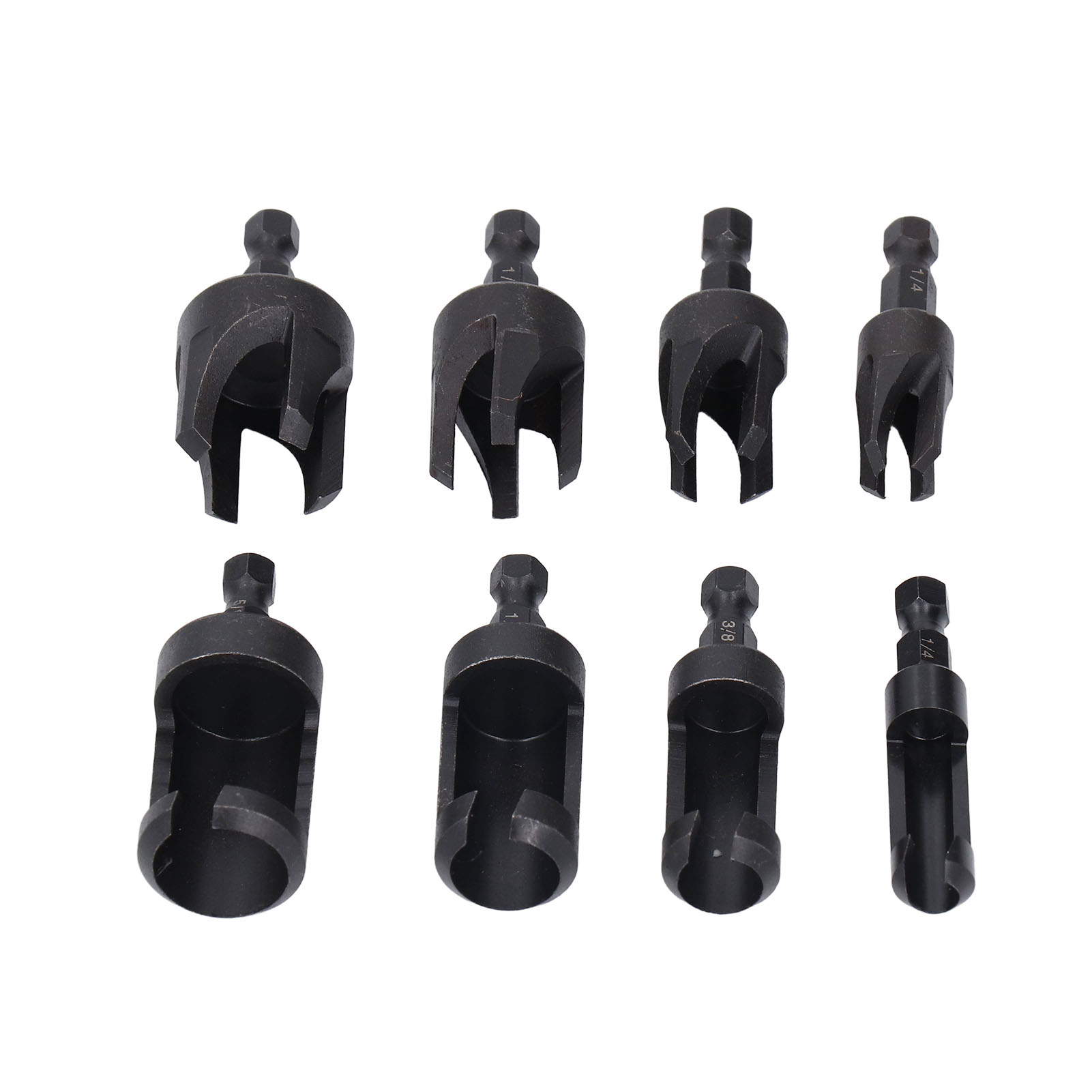 Set Mit 8 Holzbohrern Aus Kohlenstoffstahl, Sechskantschaft, Gerade Und Konisch, 6,35 Mm (1/4 Zoll), 15,88 Mm (5/8 Zoll), 9,52 Mm (3/8 Zoll) Und 12,7 Mm (1/2 Zoll), Schwarz.