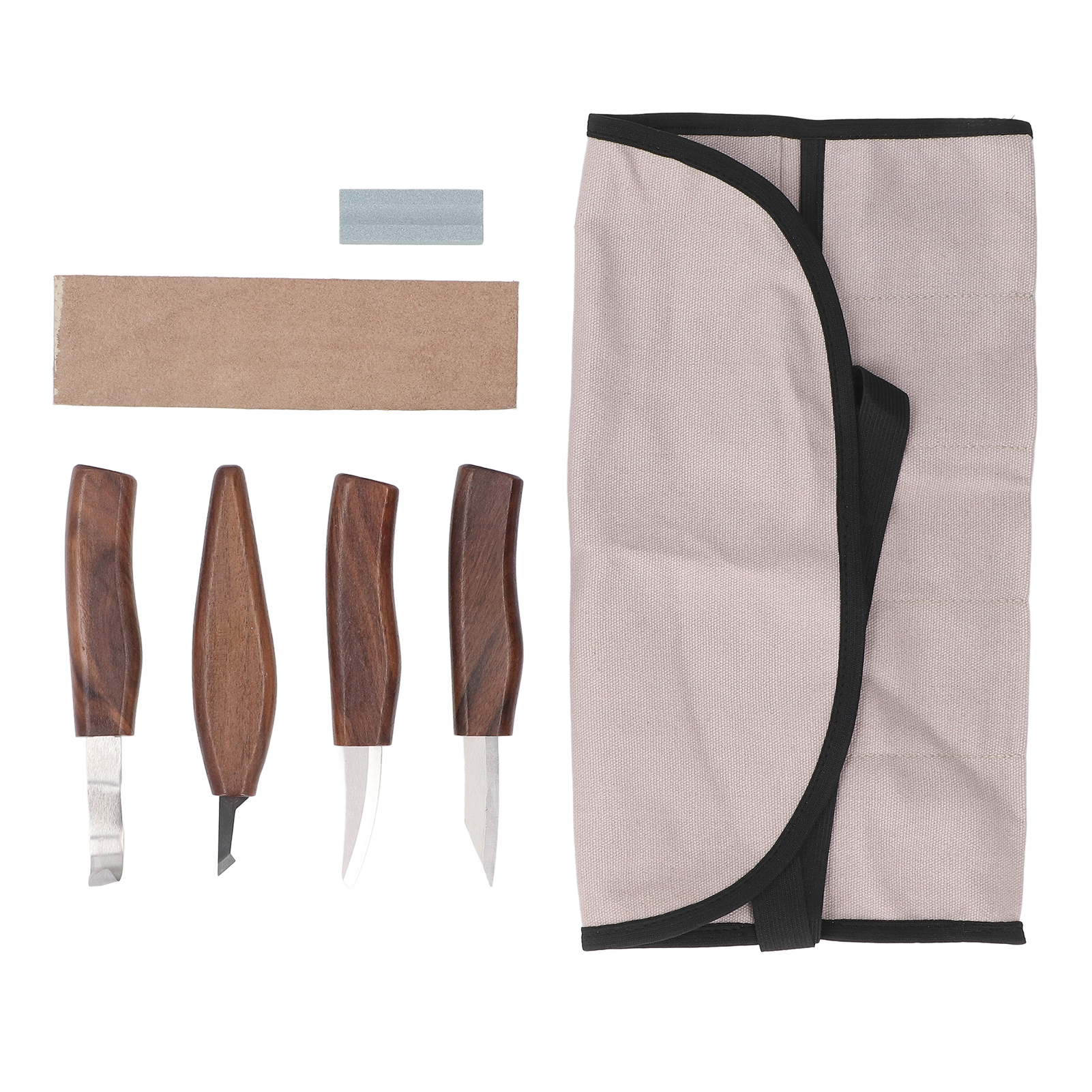 Set Aus 4 Holzschnitzwerkzeugen Mit Schleifstein, Abziehriemen Und Walnussholzgriff, Ideal Für Holzbearbeitungsprojekte.