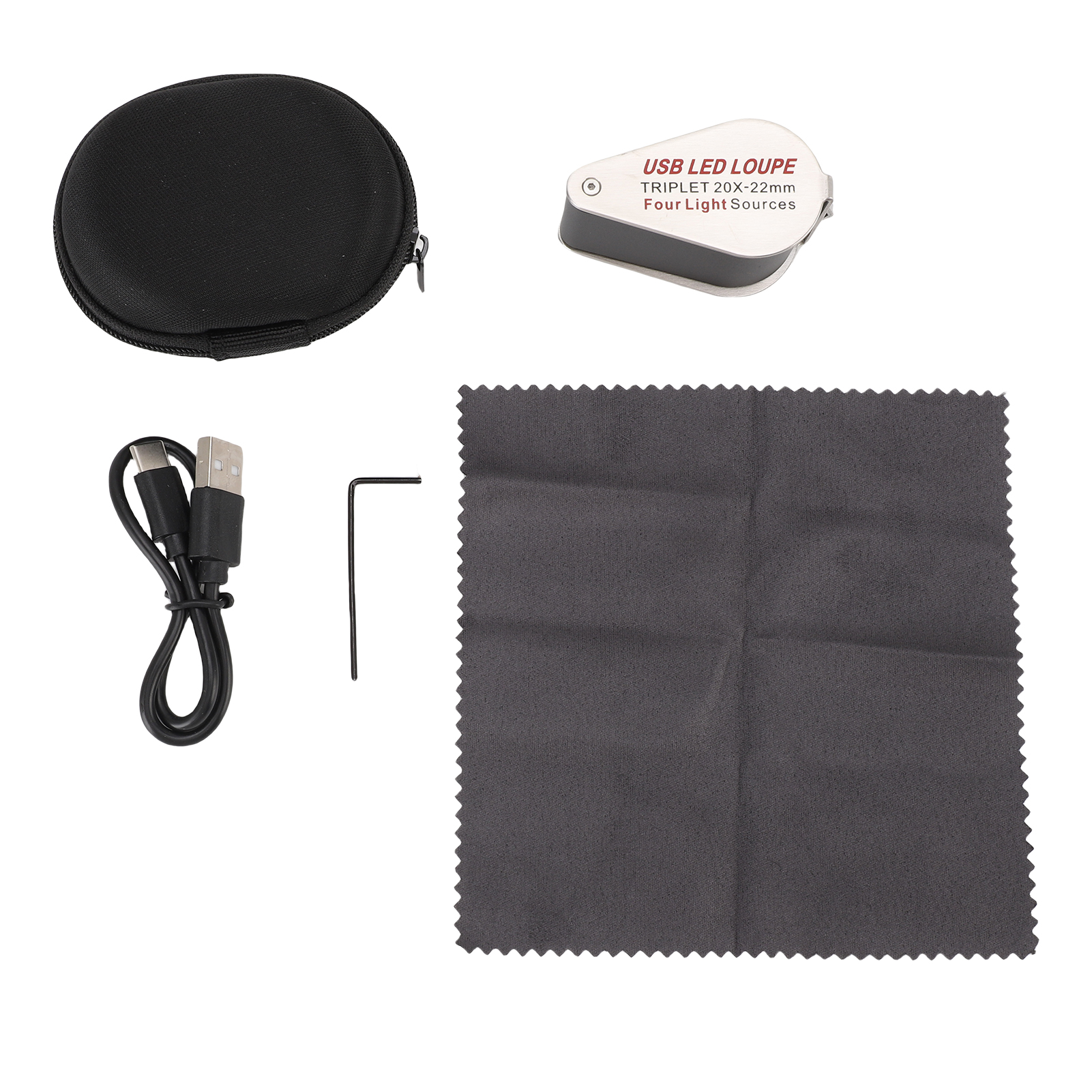 20-fache Juwelierlupe, Tragbar, Faltbar, Wiederaufladbar, 4 Lichtquellen, 13 Leds, Silberne Optische Glaslinse