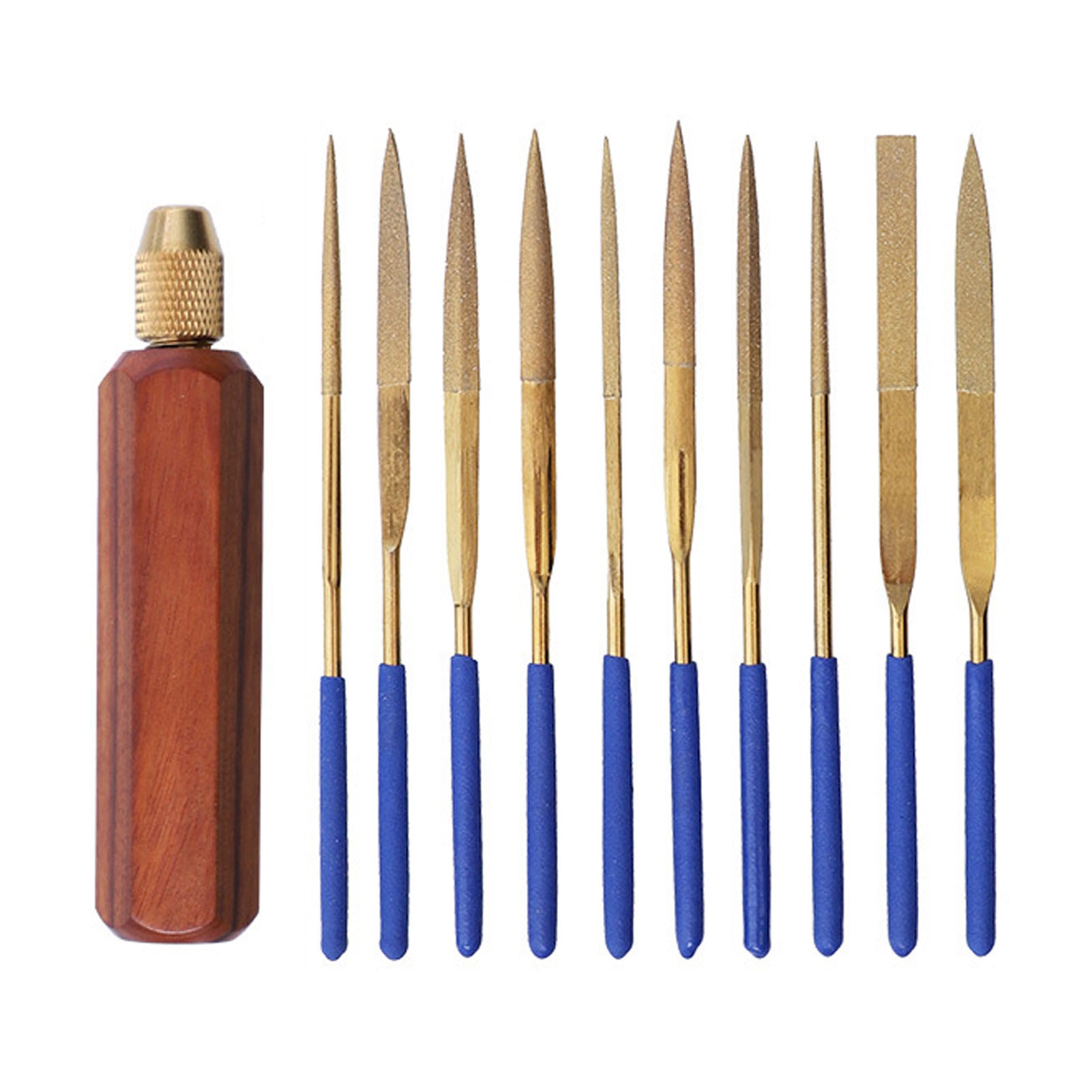 Set Aus 11 Kleinen Legierungsfeilen Für Juweliere, Holzschnitzer, Metall Und Kunststoff, Sechseckiger Rosenholzgriff, Titanvergoldet.