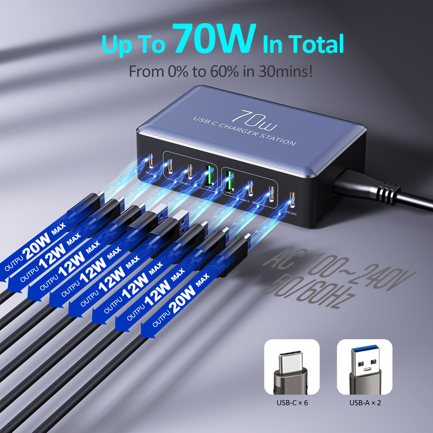 Pd20w 8-port 70w Usb Typ-c Desktop-schnellladestation Für Smartphones, Kopfhörer Und Smartwatches.