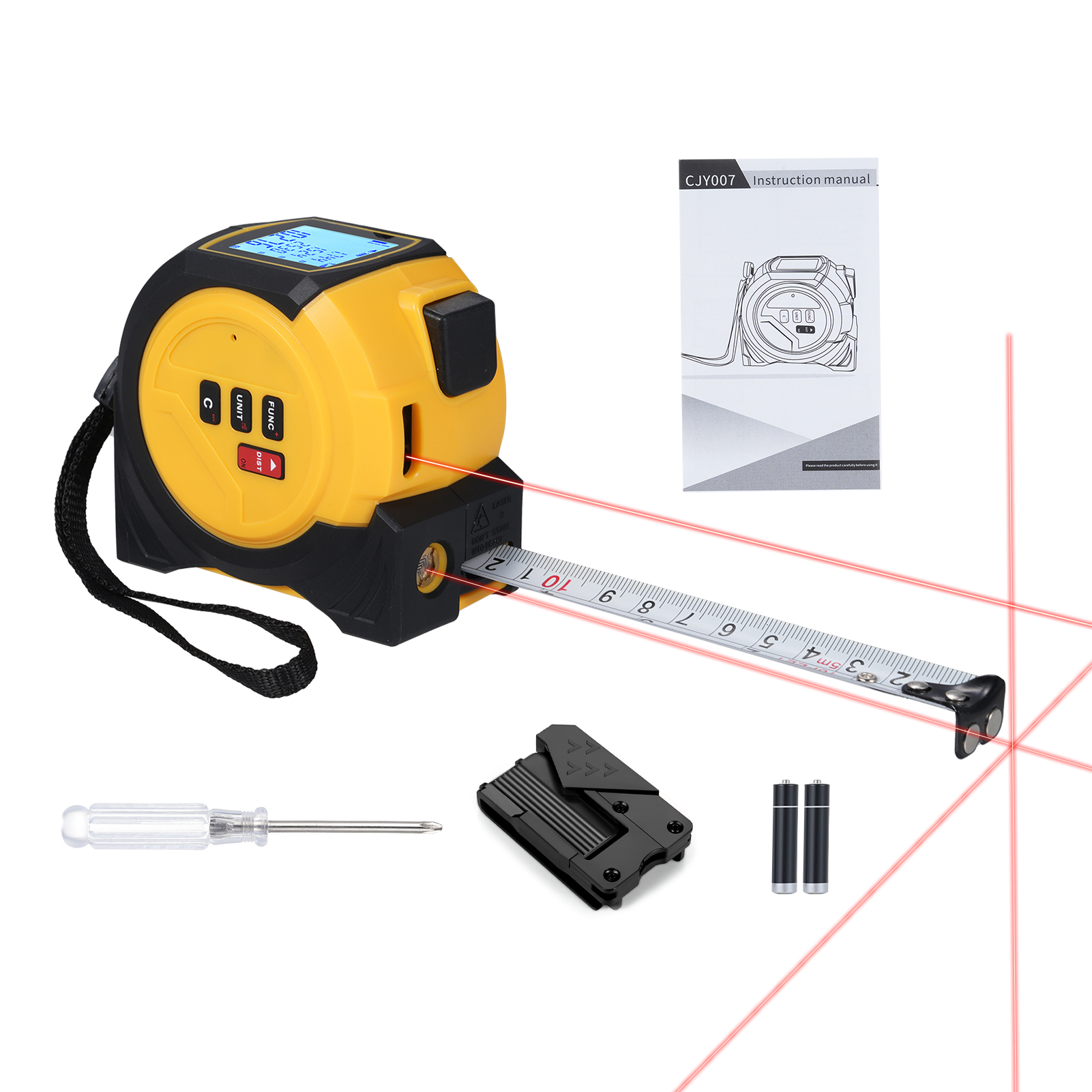 3-in-1-lasermessgerät: Laser-nivelliergerät, 5-m-maßband Mit Satz Des Pythagoras, Flächen- Und Volumenmessung, Umrechnung Von M/ft/in, Gelb, 5 M + 60 M
