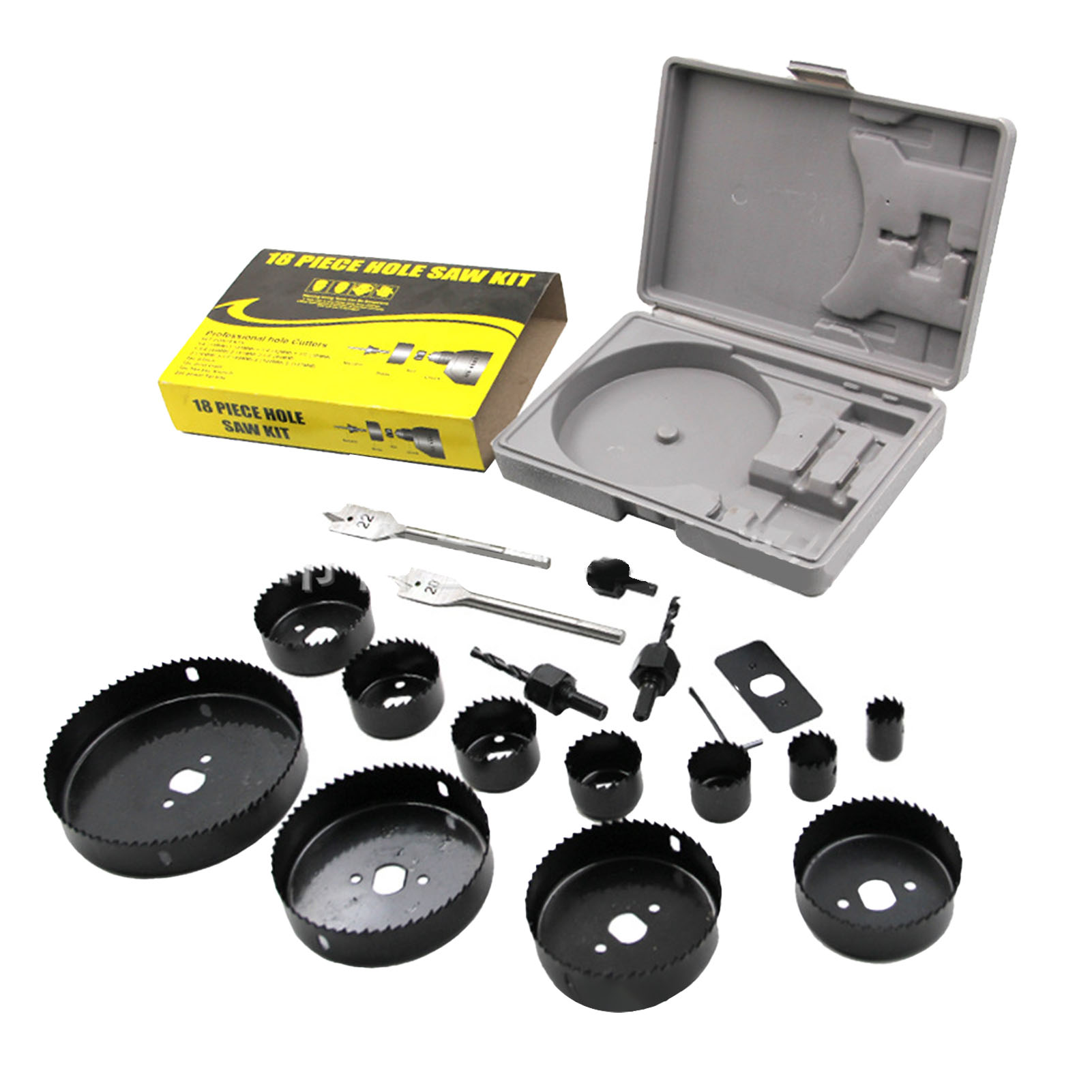 Set Mit 18 Lochsägen Aus Kohlenstoffstahl Inklusive Koffer Und Zubehör Für Elektrowerkzeuge, Für Holz, Metall Und Kunststoff.