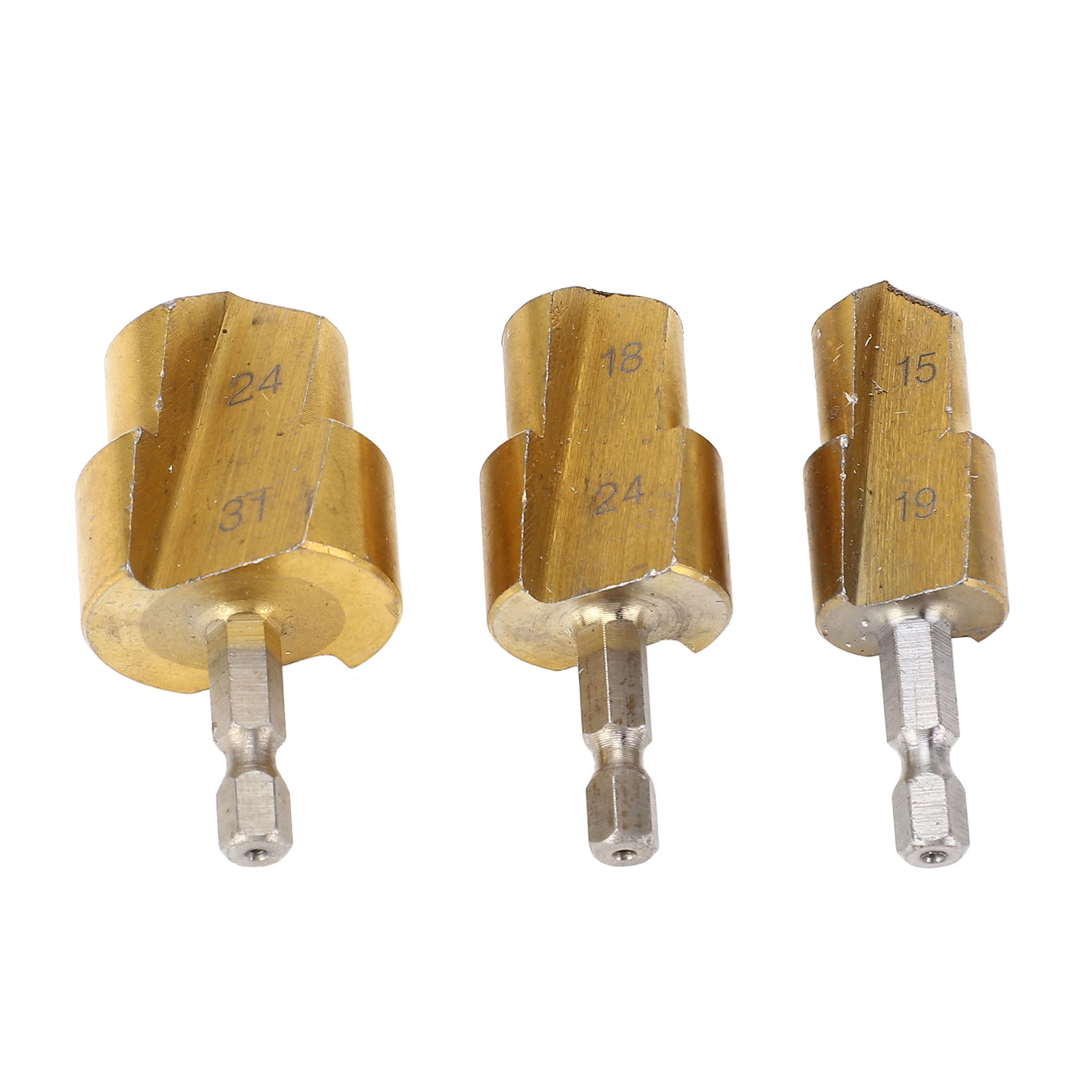 Satz Von 3 Stufenbohrern Für Ppr-rohrreibahlen Aus Hochkohlenstoffhaltigem Stahl Und Pvc, Sechskantschaft, 19 Mm, 24 Mm Und 31 Mm.