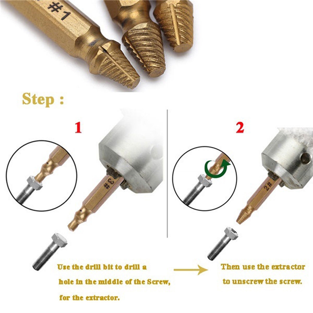 Set Mit 4 Doppelseitigen Schraubenausdrehern Für Abgebrochene Oder Beschädigte Schrauben, Inklusive Bohrer.