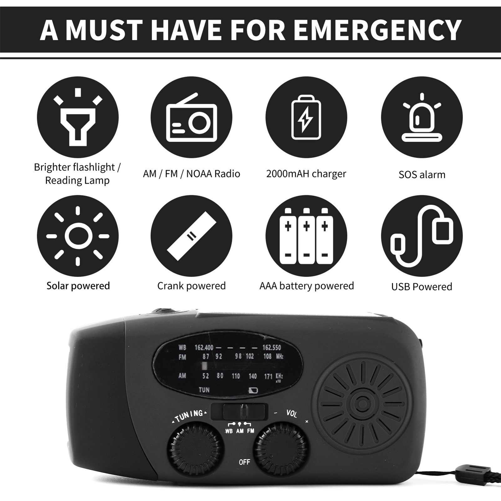 Notradio Mit Handkurbel, Led-taschenlampe, Tragbarem Noaa Am/fm-wetterradio, Dynamoradio Mit Externem 2000-mah-akku, Handy-ladegerät, Usb- Und Solarladefunktion, Ideal Für Camping Und Notsituationen.