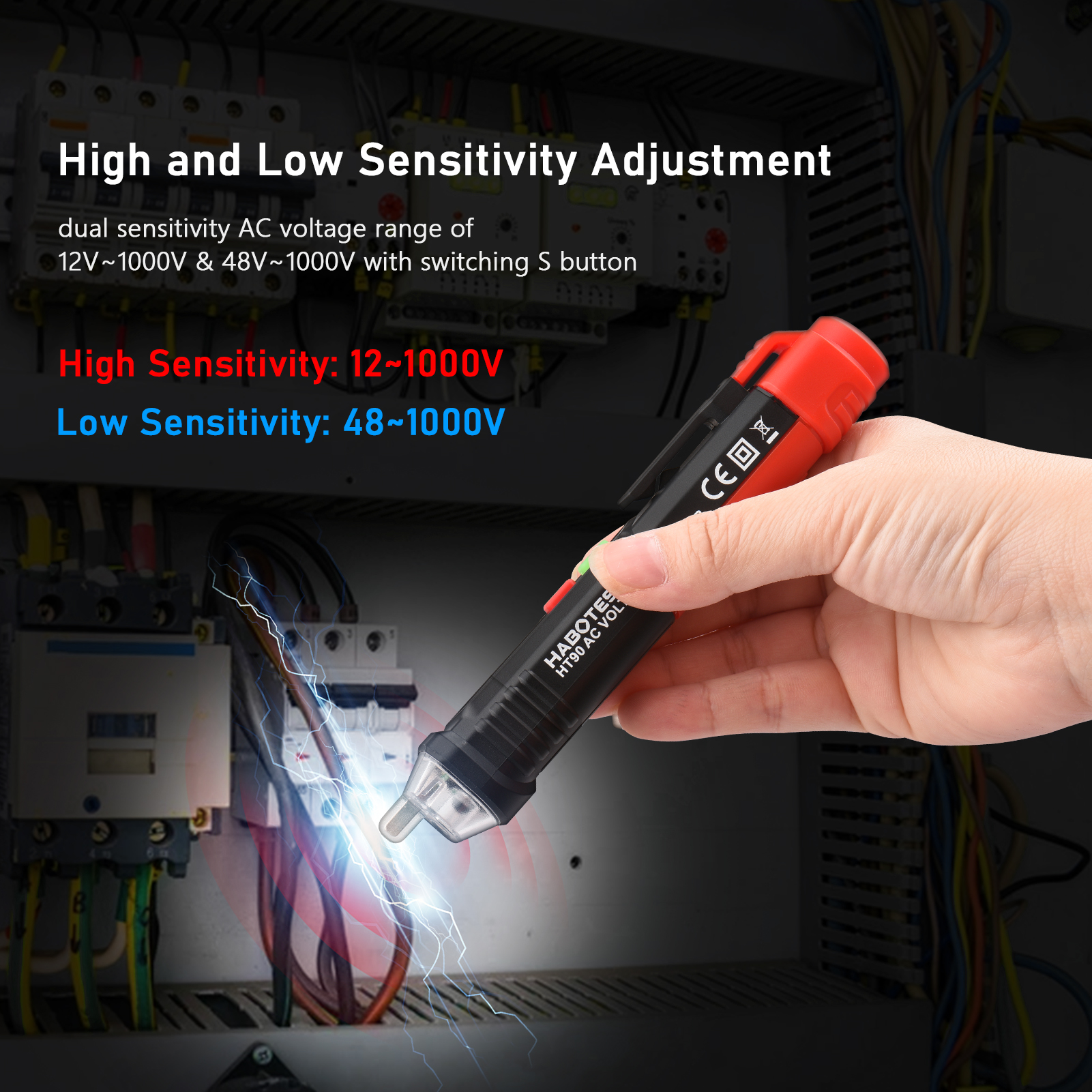 Habotest Ht90 Berührungsloser Wechselspannungsprüfer, Tragbarer Smart-pen-tester, 12 V/48 V Bis 1000 V, Dual-empfindlichkeit, Stiftförmiger Spannungsprüfer Mit Taschenlampe