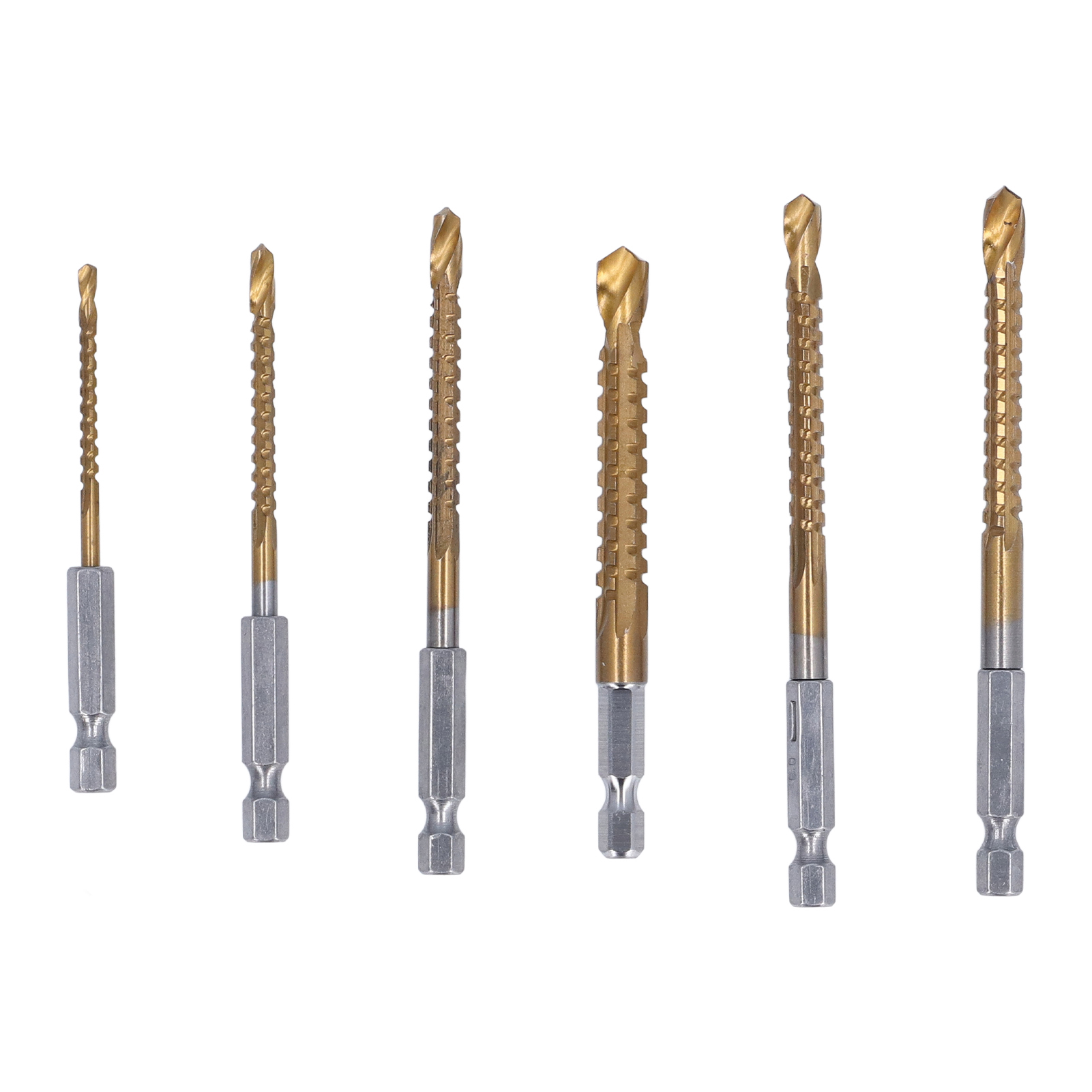Satz Von 6 Spiralbohrern Mit 3 Mm, 4 Mm, 5 Mm, 6 Mm, 6,5 Mm Und 8 Mm Durchmesser, Hergestellt Aus Titanbeschichtetem Schnellarbeitsstahl (hss), Mit Gezahntem Gewinde Und 6,35 Mm (1/4 Zoll) Sechskantsc