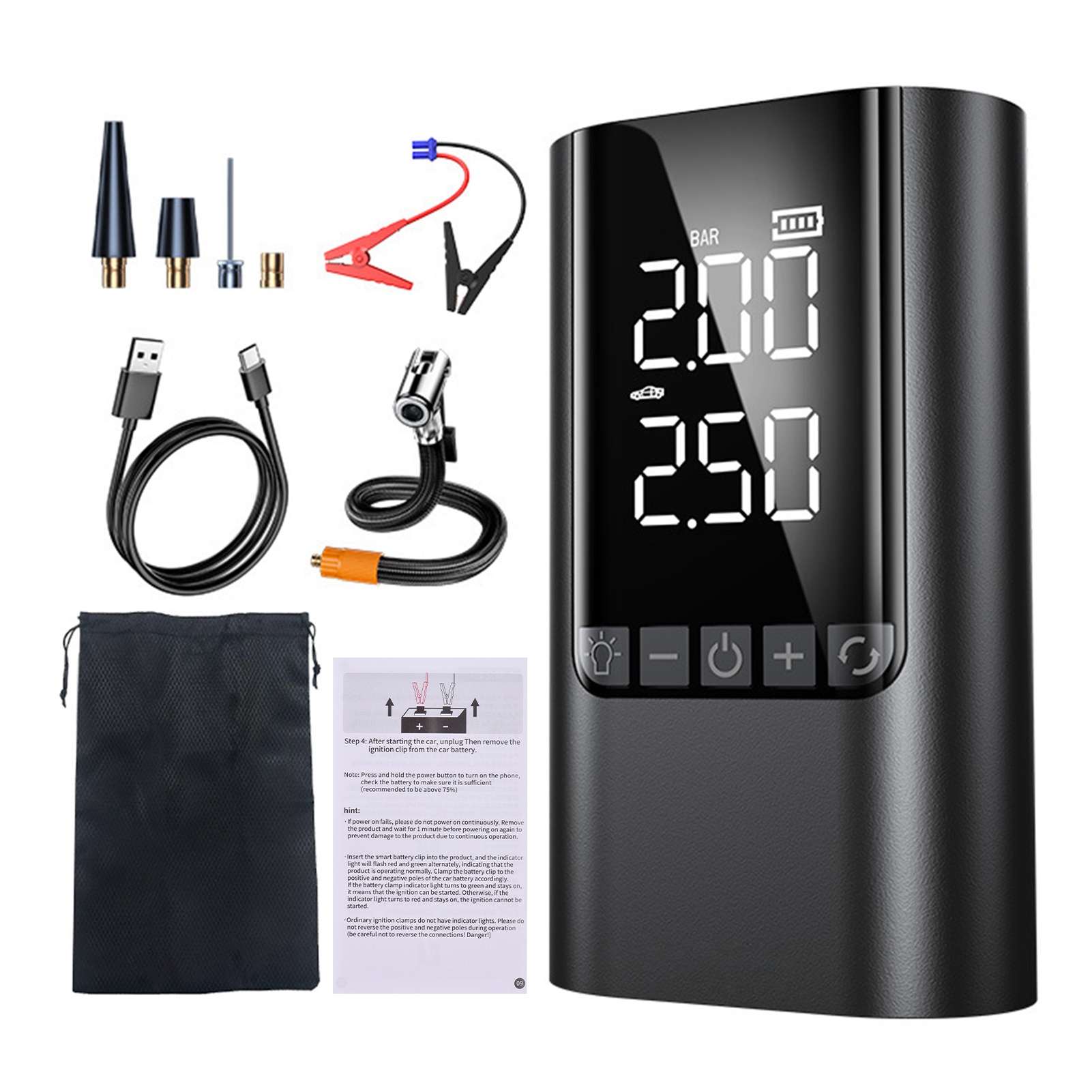 Starthilfegerät Mit Luftpumpe, 12-v-notstrombatterie, Digitalem Reifenfüller Für Autos, Motorräder, Fahrräder, Bälle, Tragbarer Powerbank Und 6000-mah-led-leuchte, Standardklemmen