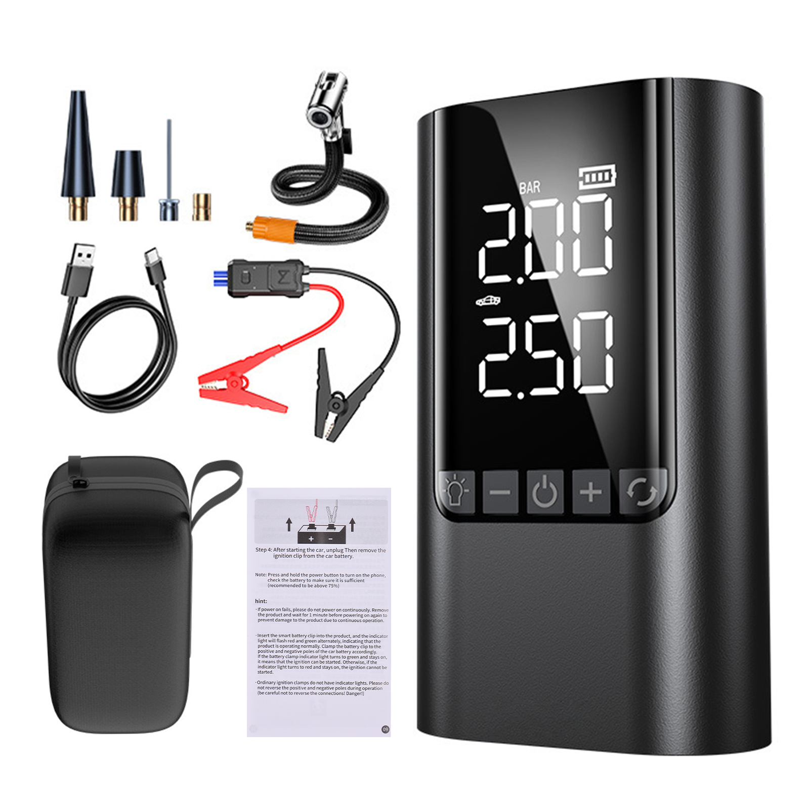 Starthilfegerät Mit Luftpumpe, 12-v-notstromakku, Digitalem Reifenfüller Für Autos, Motorräder, Fahrräder Und Bälle, Tragbarer Powerbank Und 10.000-mah-led-leuchte, Intelligenten Klemmen Und Eva-tasch