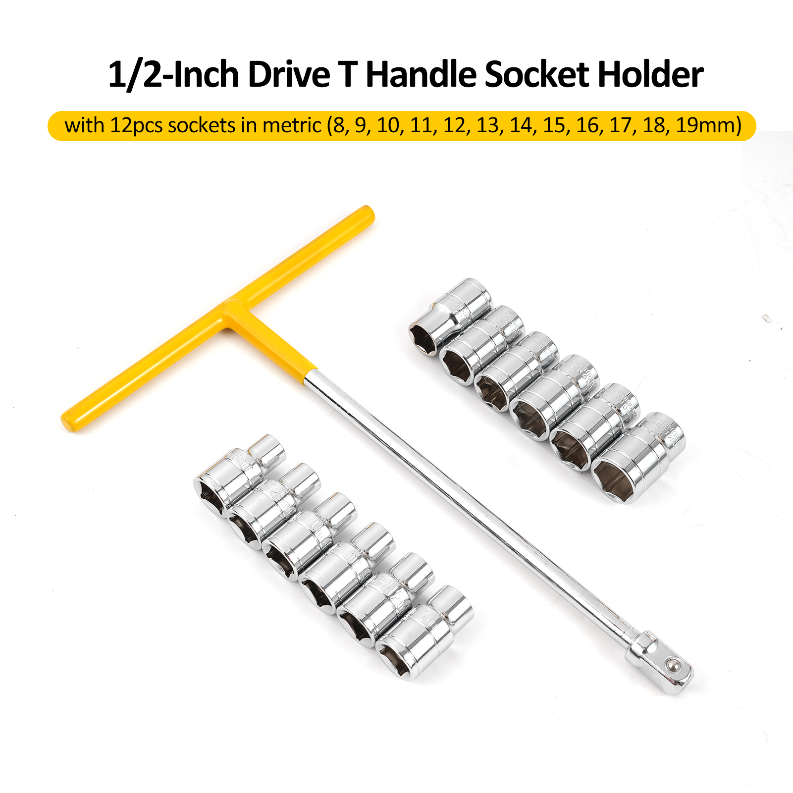 13-teiliger Steckschlüsselsatz Inklusive 1 T-griff-steckschlüssel Und 12 Steckschlüsseln, Werkzeugset Für Kfz- Und Heimwerkerarbeiten, 1/2"-steckschlüsselsatz (metrisch) Mit T-griff-steckschlüssel