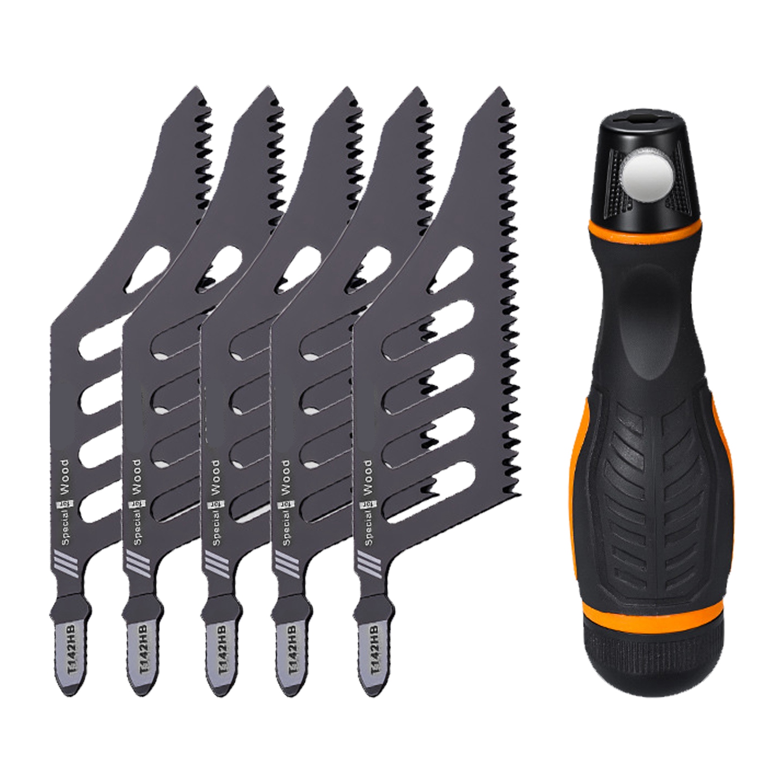 Set Aus 5 Bündigen Stichsägeblättern Aus Kohlenstoffstahl Mit Unregelmäßiger Krümmung Und Griff Für Weichholz, Faserplatten Und Sperrholz.