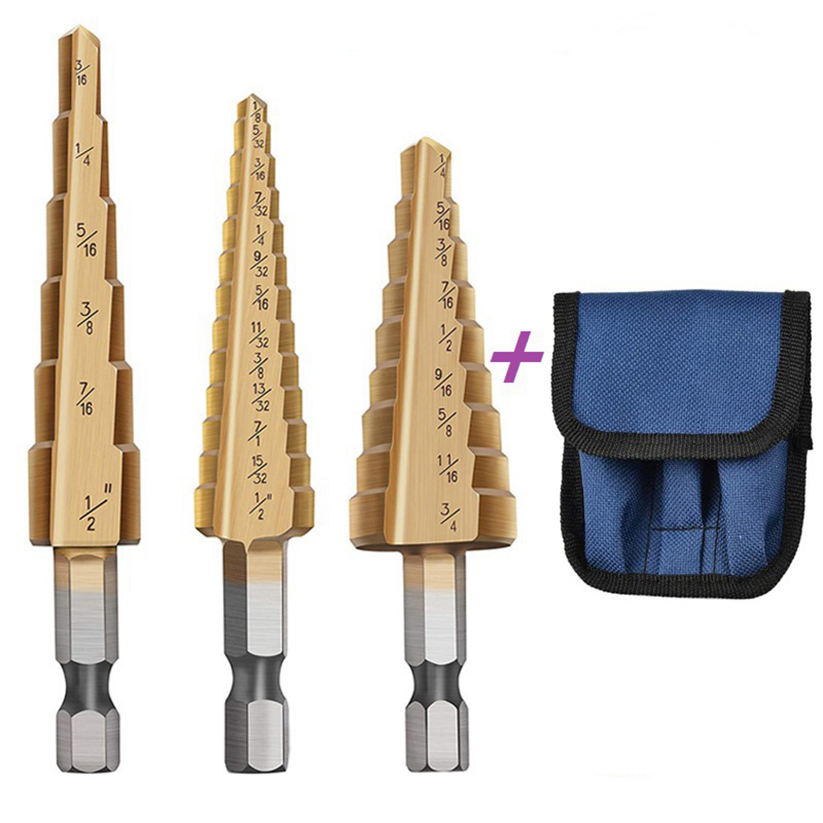 Set Aus 3 Hss-stufenbohrern Mit Titanbeschichtung Und Gerilltem Sechskantschaft, Zollsystem, Mit Stoffbeutel.
