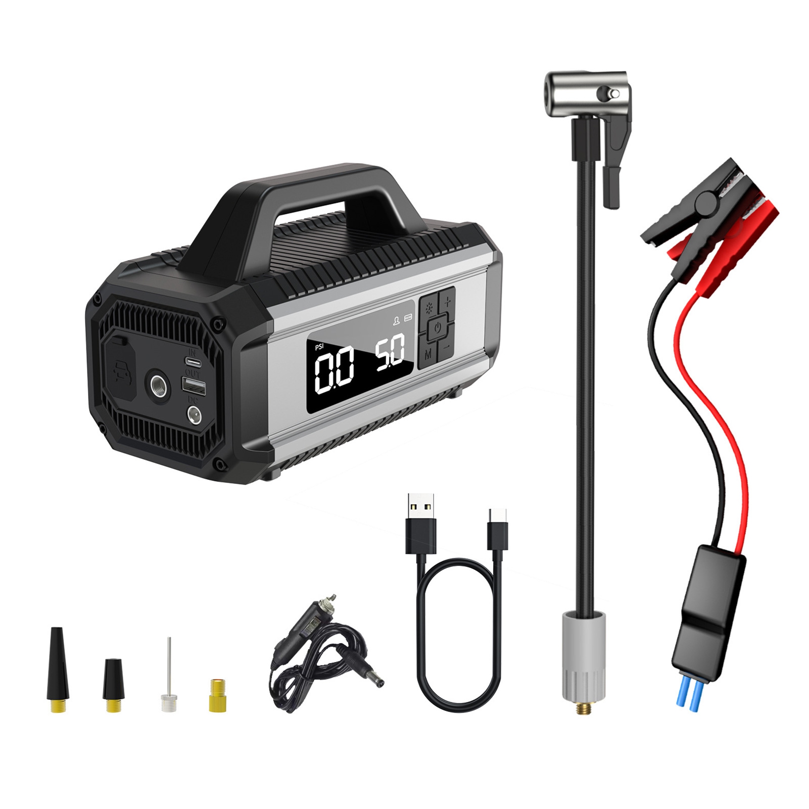 Tragbarer Starthilfe-booster Mit 150-psi-luftkompressor, Tragbare Luftpumpe Für Autoreifen Mit 10.000-mah-akku, Reifenfüller Mit Großem Digitaldisplay Und Led-licht Für Auto, Motorrad, Ball