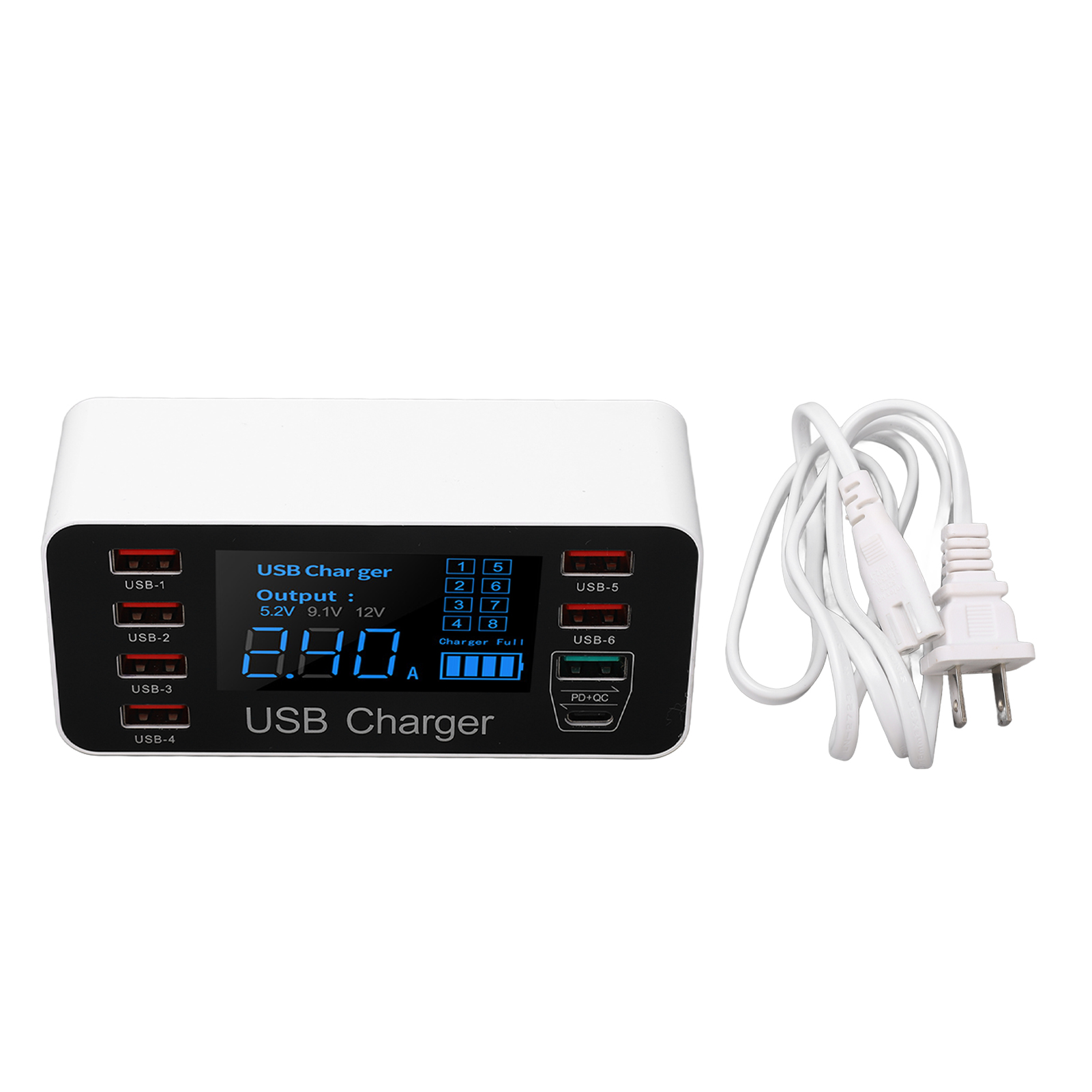 40-w-usb-ladestation, 8 Anschlüsse (6 Usb, 1 Qc3.0, 1 Pd), Intelligentes Usb-ladegerät Mit Led-anzeige, 100–240-v-us-stecker