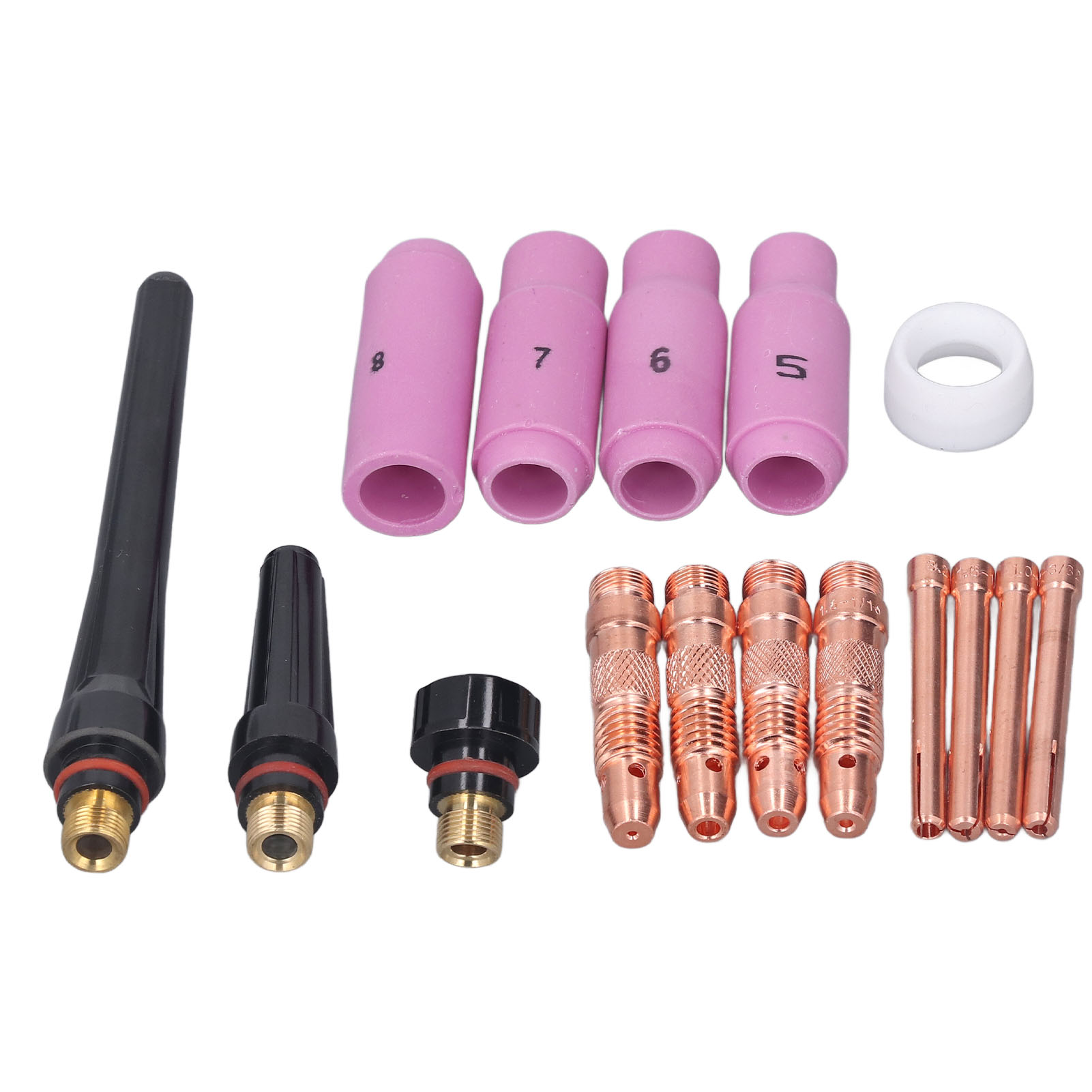 16-teiliges Schweißbrenner-zubehörset: Keramikdüse, Druckkappe, Klemmen, Brennerkörper, Elektrodenklemme, Ptfe-frontabdeckung.