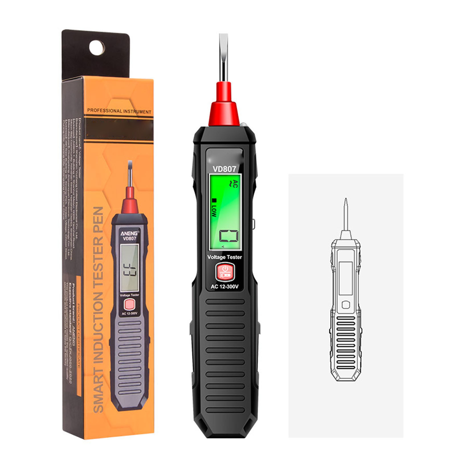 Hochpräziser Ac12-300v-spannungsprüfer, Multifunktionaler Elektrischer Prüfstift Mit Lcd-bildschirm Und Led-leuchte, Schwarz