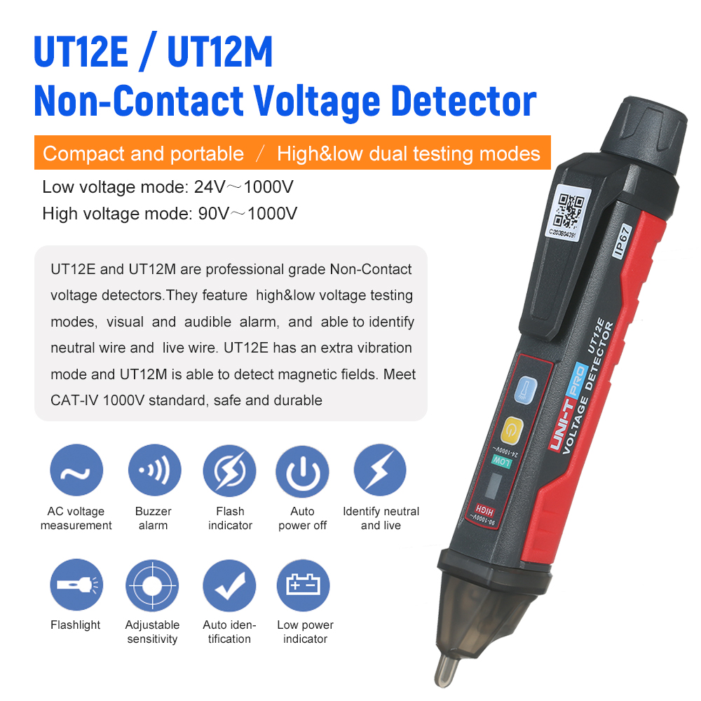 Uni-t Ut12e 24v-1000v Wechselspannungsprüfer, Tragbarer Berührungsloser Tester, Spannungs- Und Stromprüfstift Mit Akustischem Und Optischem Alarm, Led-taschenlampe Und Vibrationsfunktion.