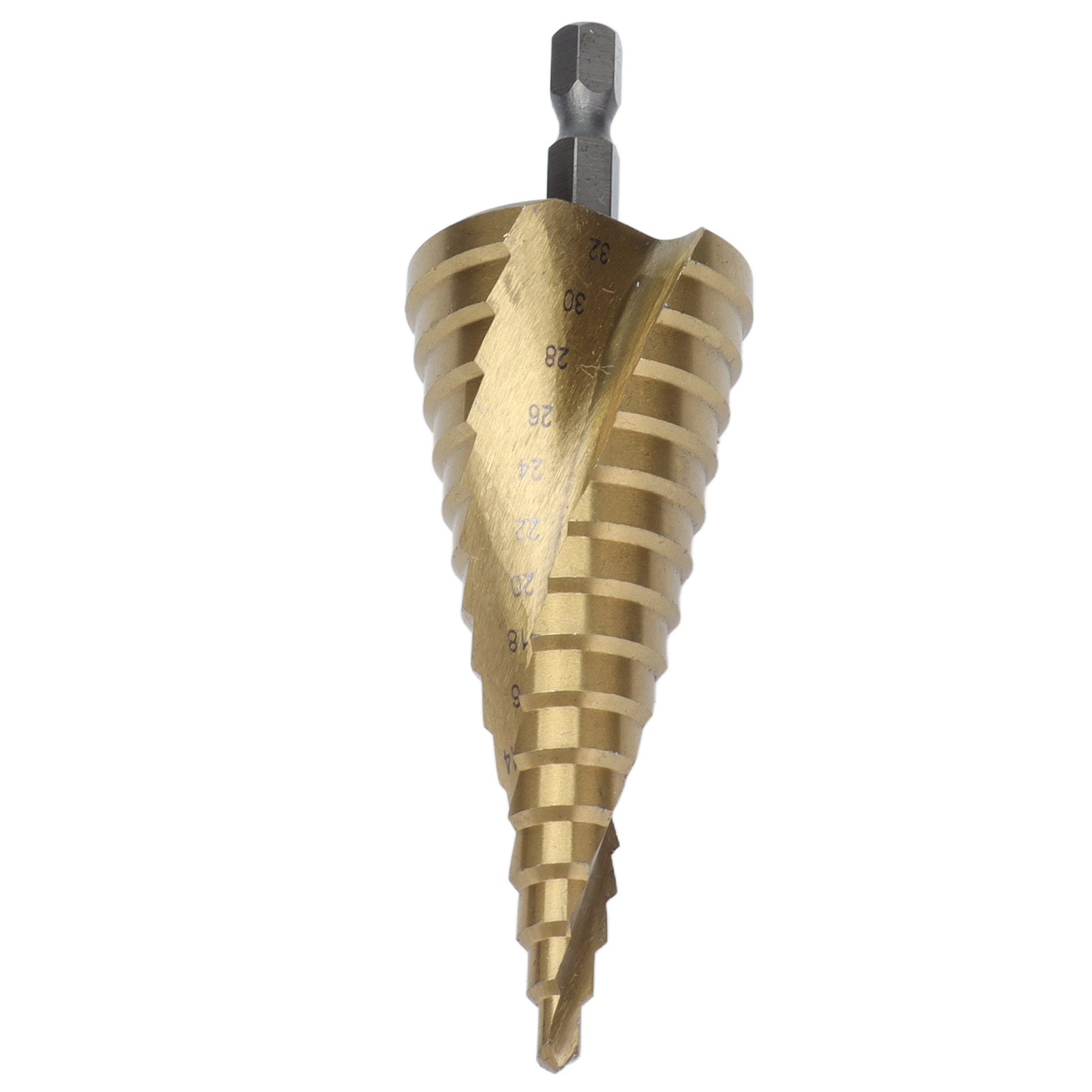 Stufenbohrer Mit Schnellwechselsystem, Hss, Ti-beschichtet, Spiralförmig Genuteter Sechskantschaft, 15 Stufen, 4–32 Mm