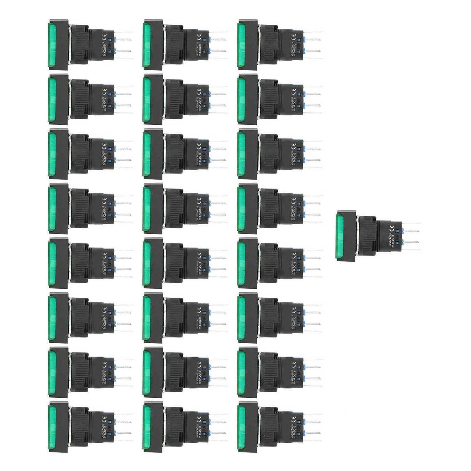 25 Stück Momentan-drucktaster, Selbstverriegelnd, Rechteckig, Mit Leuchte, 220 V, Bemla1622dsj, 16 Mm (grün)