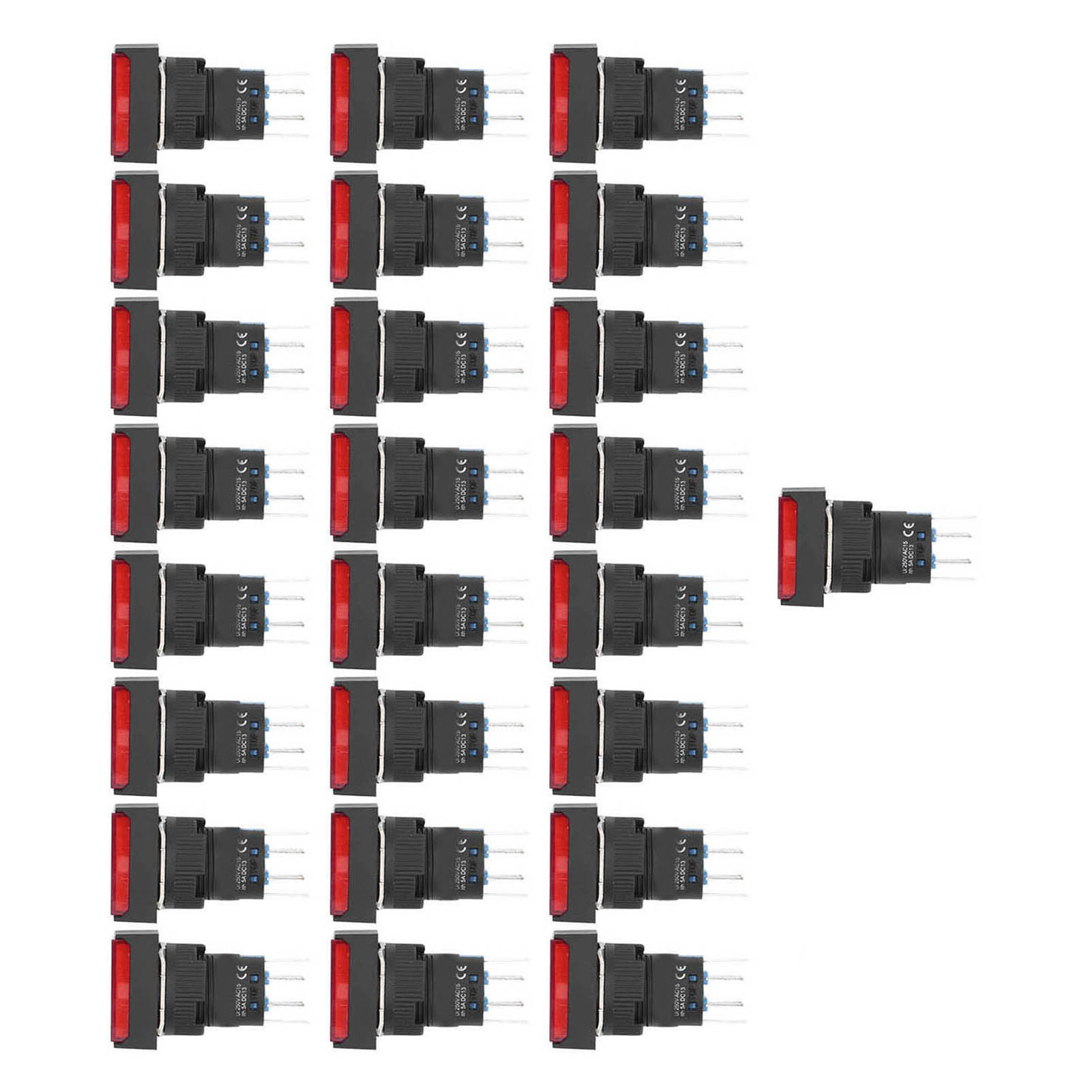 25 Stück Momentan-drucktaster, Selbstverriegelnd, Rechteckig Mit Leuchte, 220 V, Bemla1622dsj, 16 Mm (rot)