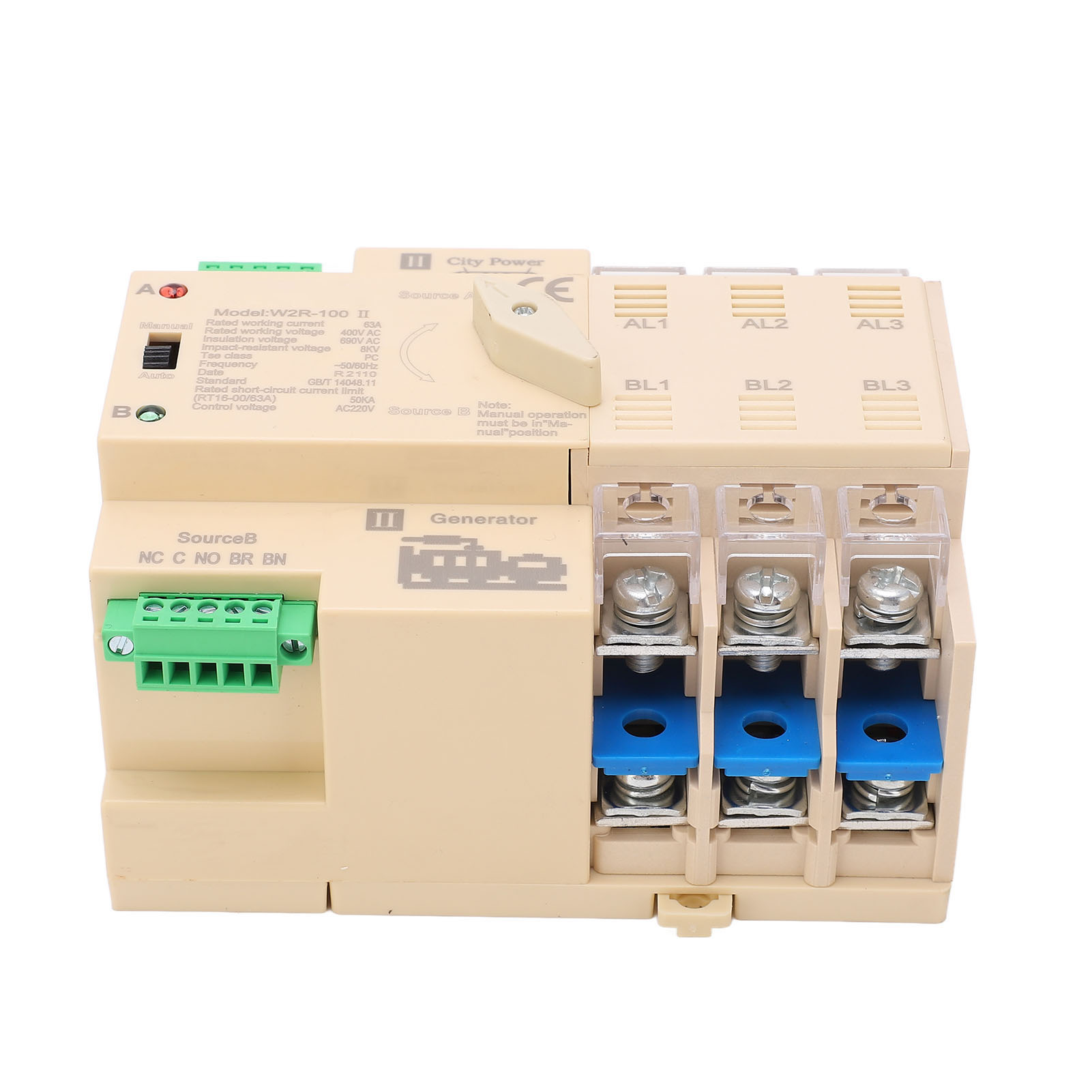Automatischer Umschalter Mit Zwei Stromversorgungen, 3-polig, 63 A, Weißes, Flammhemmendes Pp-gehäuse, 220 V