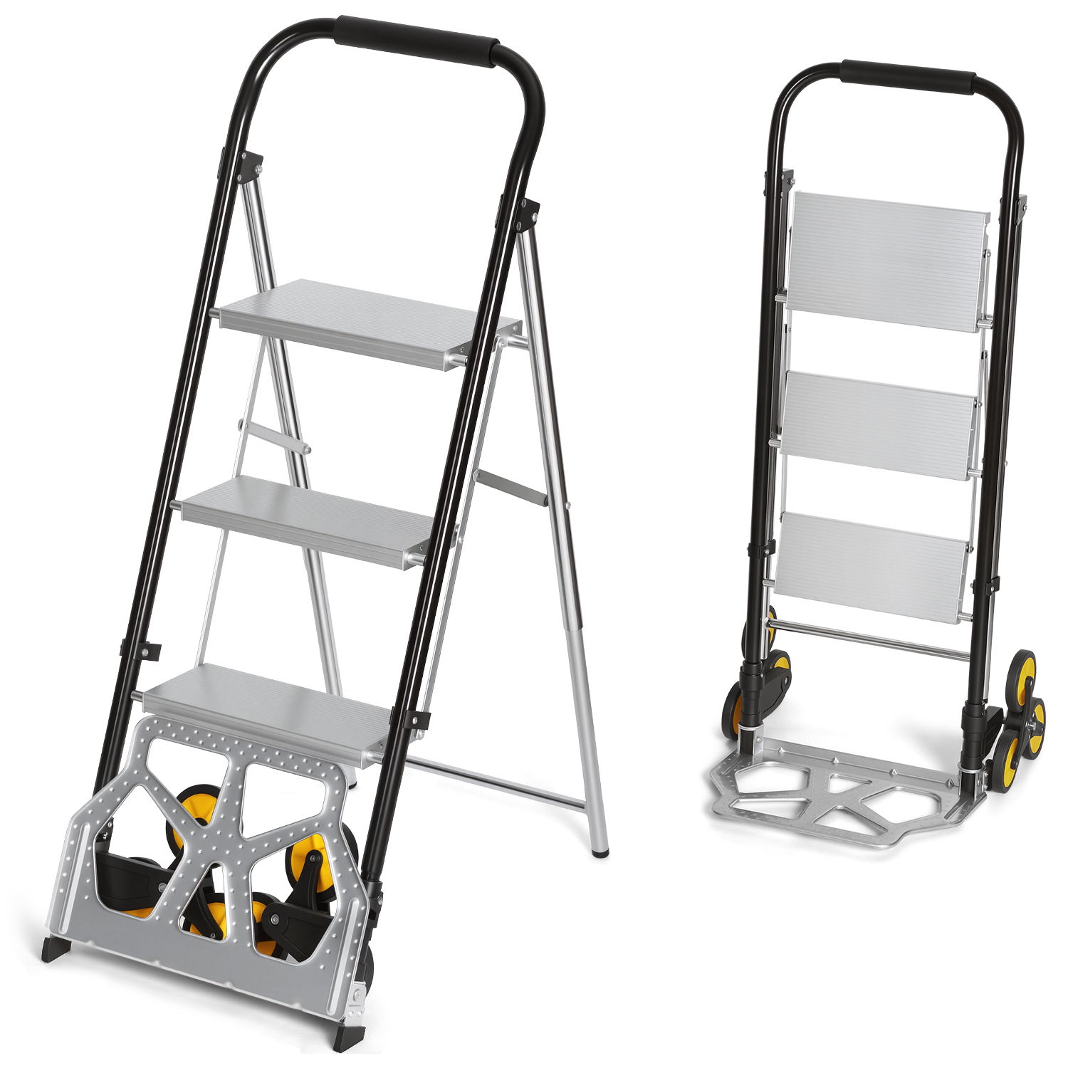 Jiubiaz Treppensackkarre 2 In 1 Mit 3-stufiger Klappleiter, Faltbare Sackkarre Mit Rollen, 80 Kg Wagenlast, 150 Kg Leiterlast