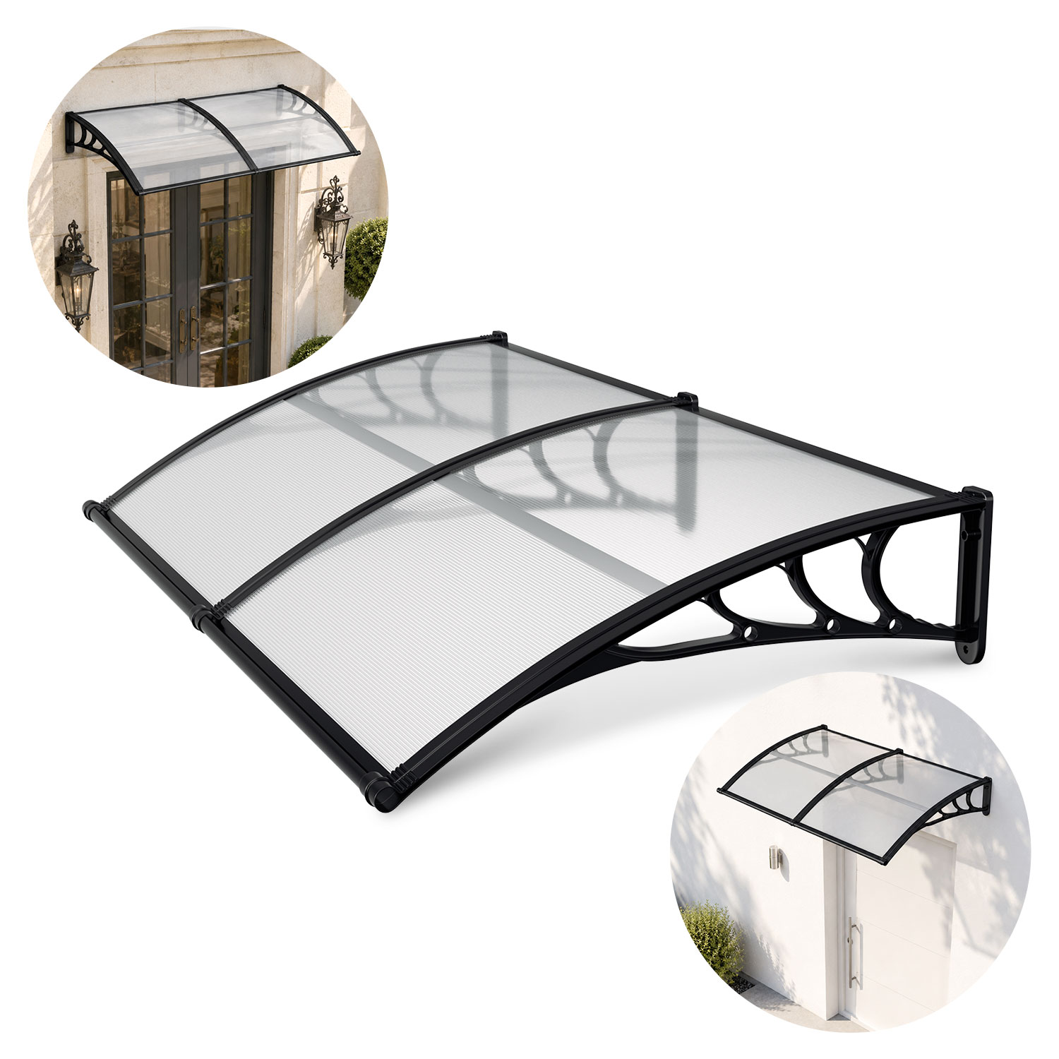 Jiubiaz Vordach Haustür Mit Regenrinne 200 X 100 Cm, Türüberdachung Aus Polycarbonat, Schwarz/transparent, Regenschutz Für Eingang