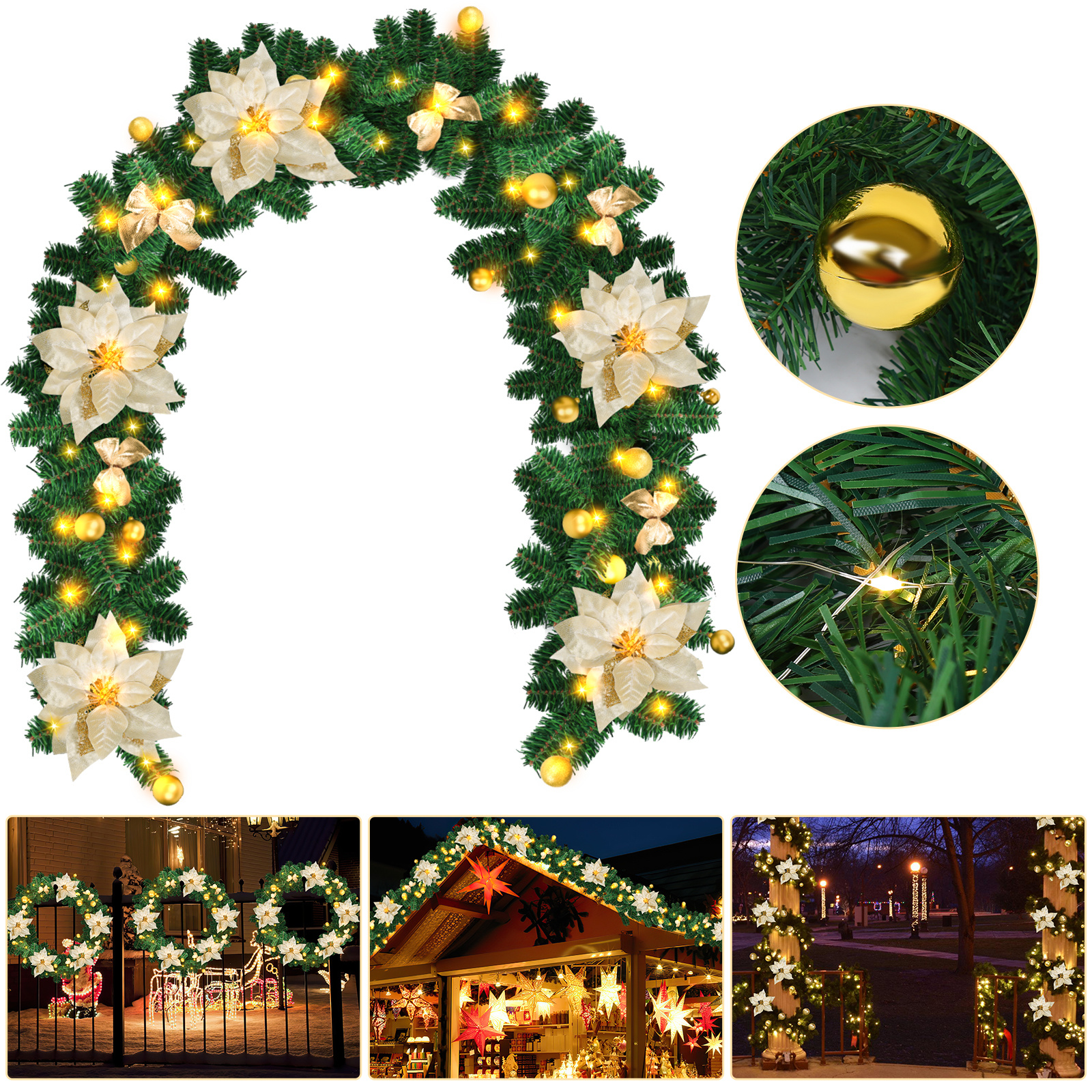 Jiubiaz Led Weihnachtsgirlande 2,7 M, 50 Led Warmweiß, Batteriebox, Goldene Weihnachtsdeko