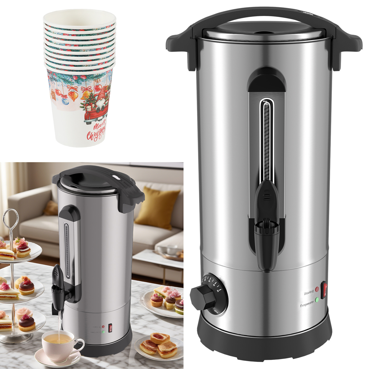 Jiubiaz Glühweinkocher 10 L Edelstahl Silber, 1500 W, 30–110 °c, Zapfhahn Und 10 Pappbecher