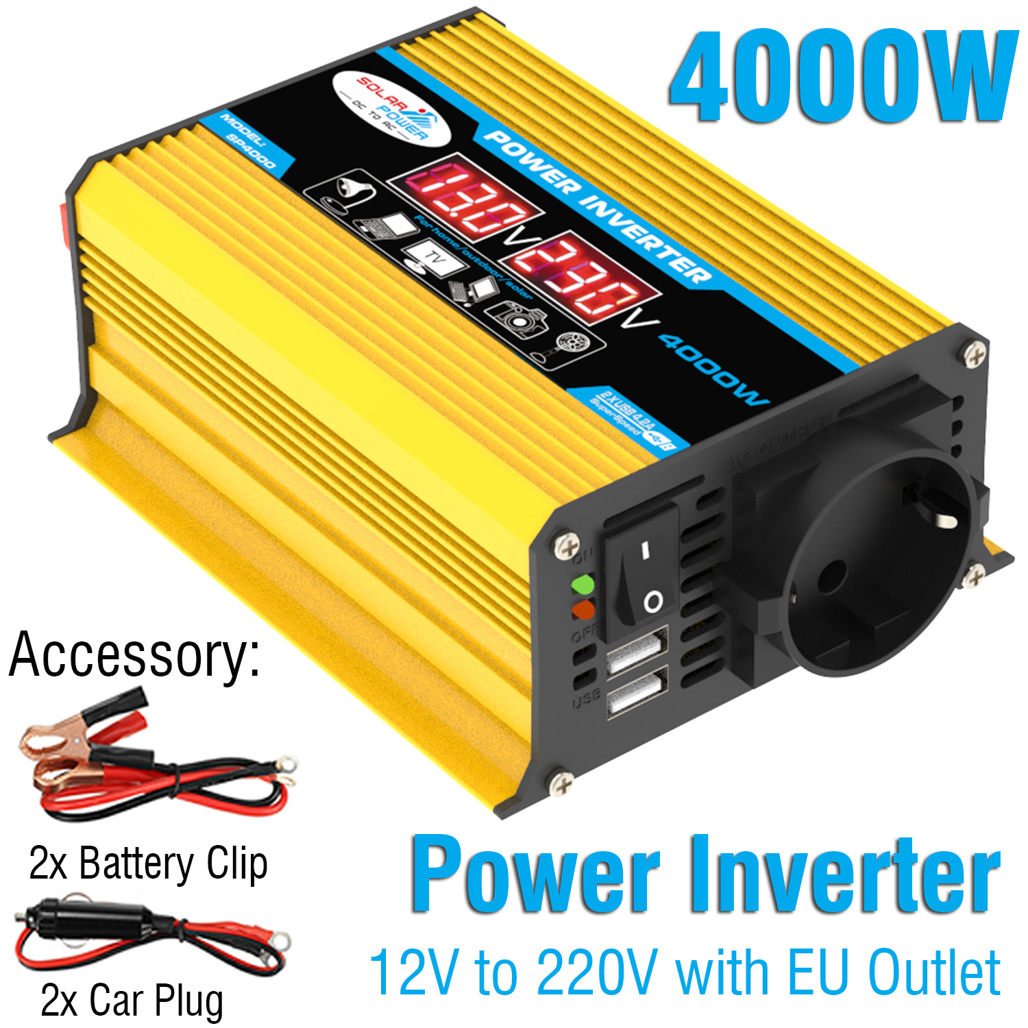 Jssevn - Reiner Sinus-wechselrichter Für Autos, 4000w Reiner Sinus-wechselrichter, 12v Dc Auf 110v Ac, 220v Usb-netzteil (12v Auf 220v)
