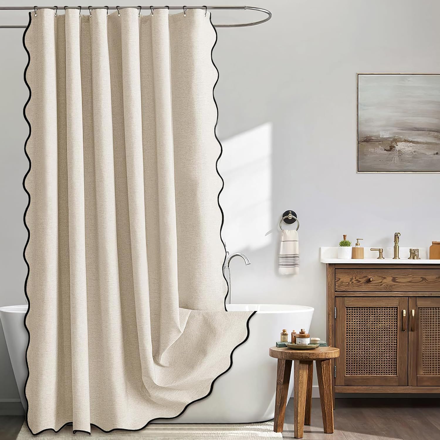 Jssevn - Duschvorhang Mit Leinenstruktur, Wasserdicht Und Aus Dickem Stoff, Inklusive 12 Edelstahlhaken, 180 X 200 Cm, Beige