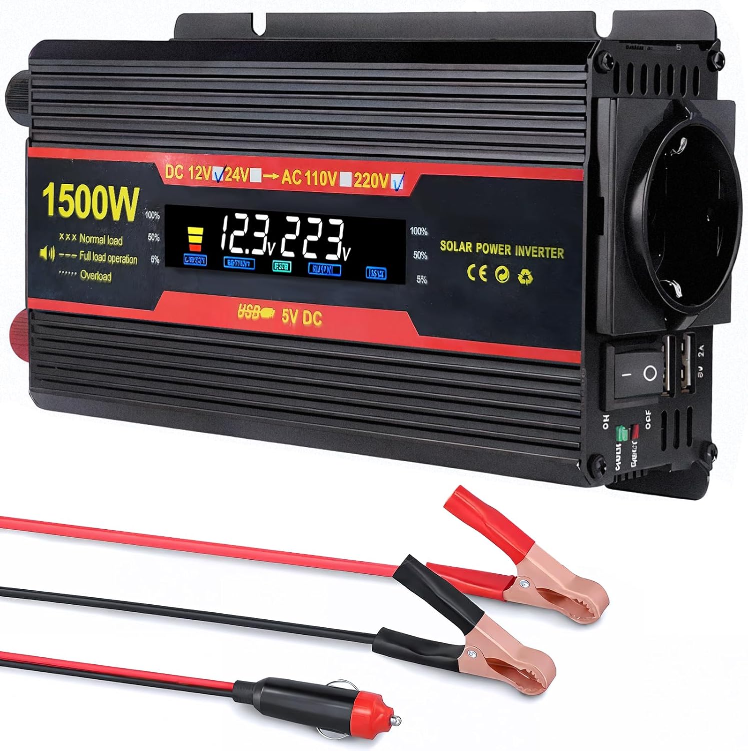 Jssevn - 1500-w-wechselrichter (12 V Auf 220 V), Zigarettenanzünderadapter, Reiner Sinuswellenwandler, 1 Ac-steckdose Und 2 Usb-anschlüsse Für Autos, Fahrzeuge Und Wohnwagen