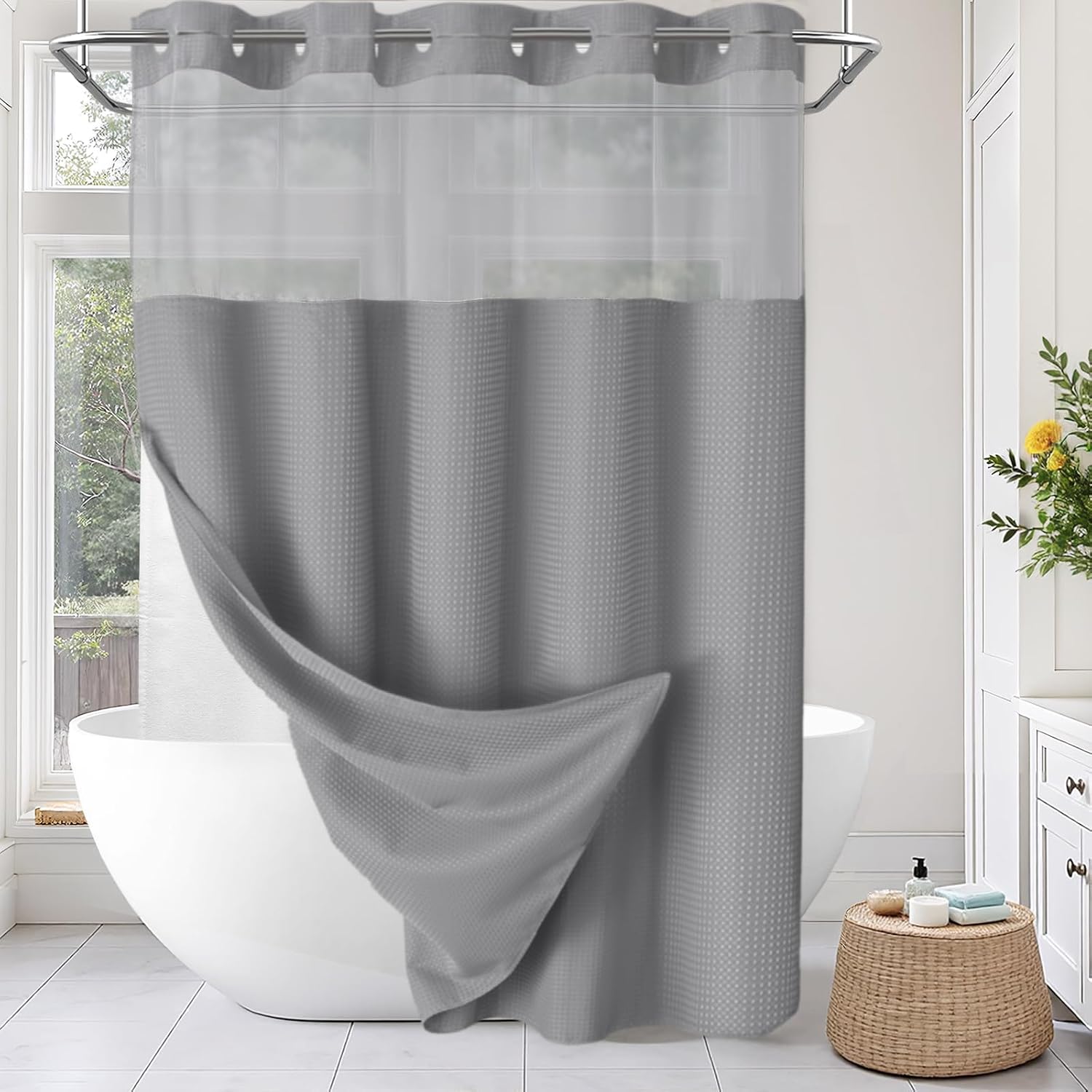 Jssevn - Duschvorhang Und Futter Ohne Haken – Grauer, Geprägter Duschvorhang Für Badezimmer – 205 X 180 Cm (h X B)
