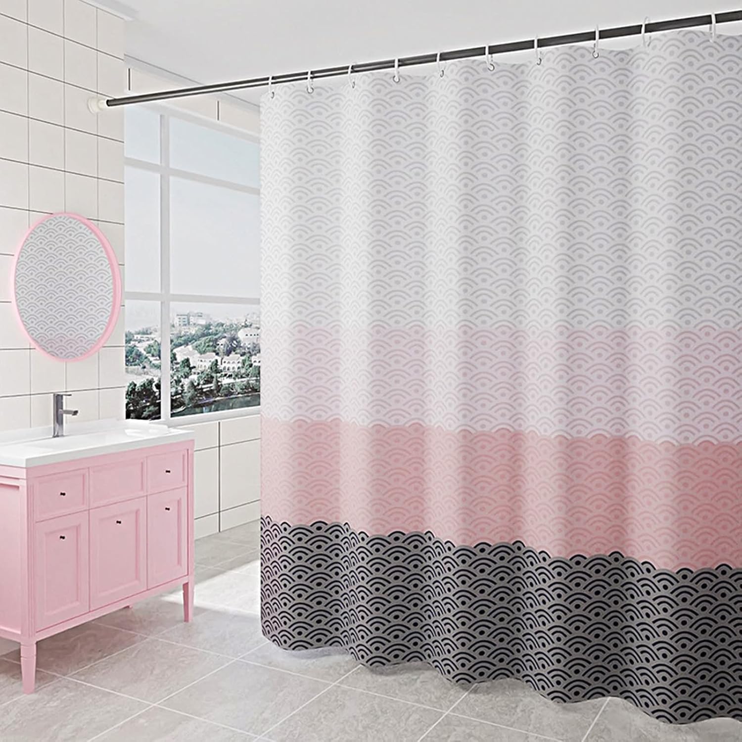 Jssevn - Duschvorhang, 200 X 200 Cm, Grafisches Wellenmuster, Polyester, Schimmelresistenter Duschvorhang Mit Ringen