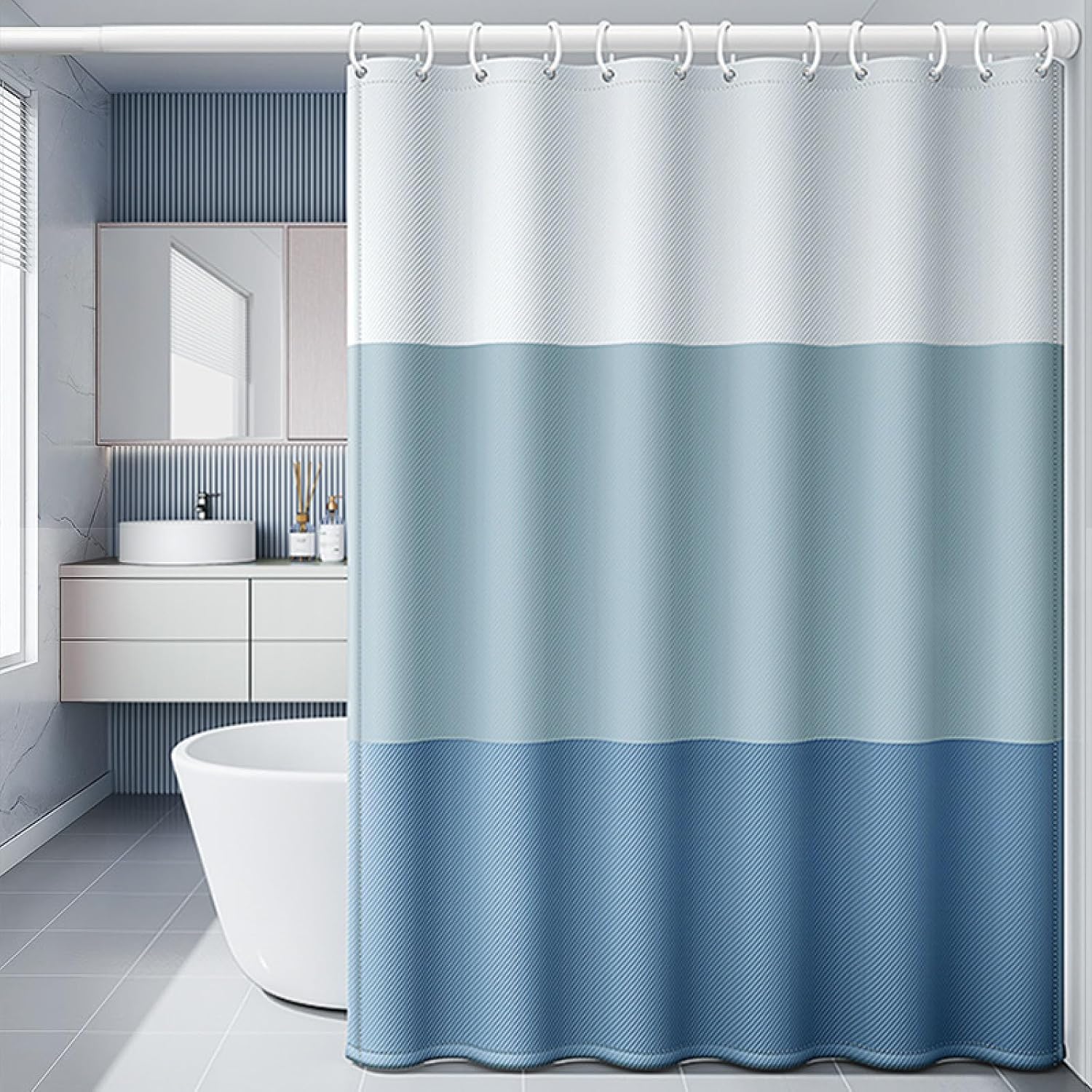 Jssevn - Blauer Duschvorhang, Nordisches Patchworkmuster, Dick, Wasserdicht Und Schimmelresistent, Mit 12 Haken, 180 X 200 Cm